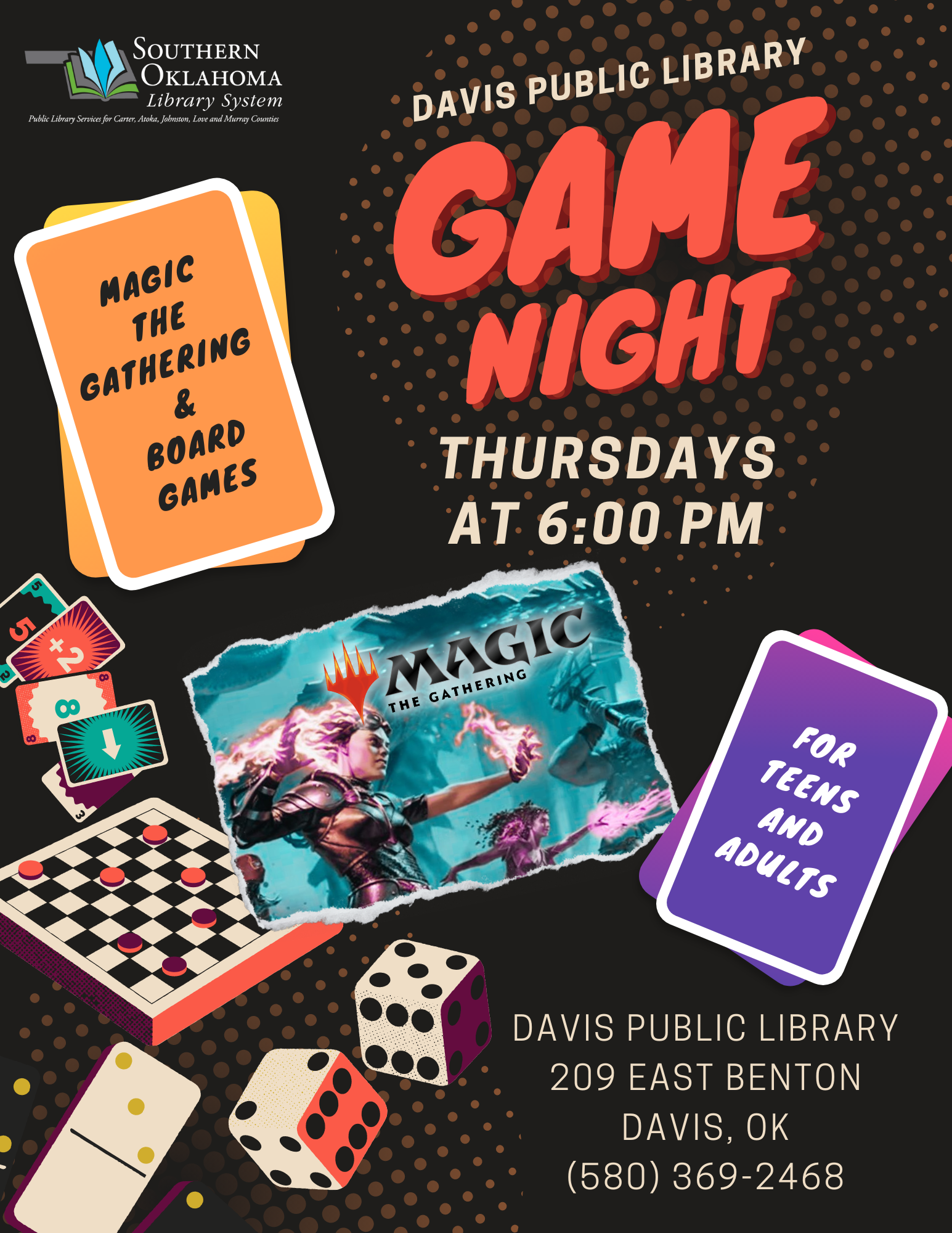 Black background with vintage style board game art in background along with an image from magic the gathering card game. Davis Public Library's game night every Thursday at 6:00 PM.