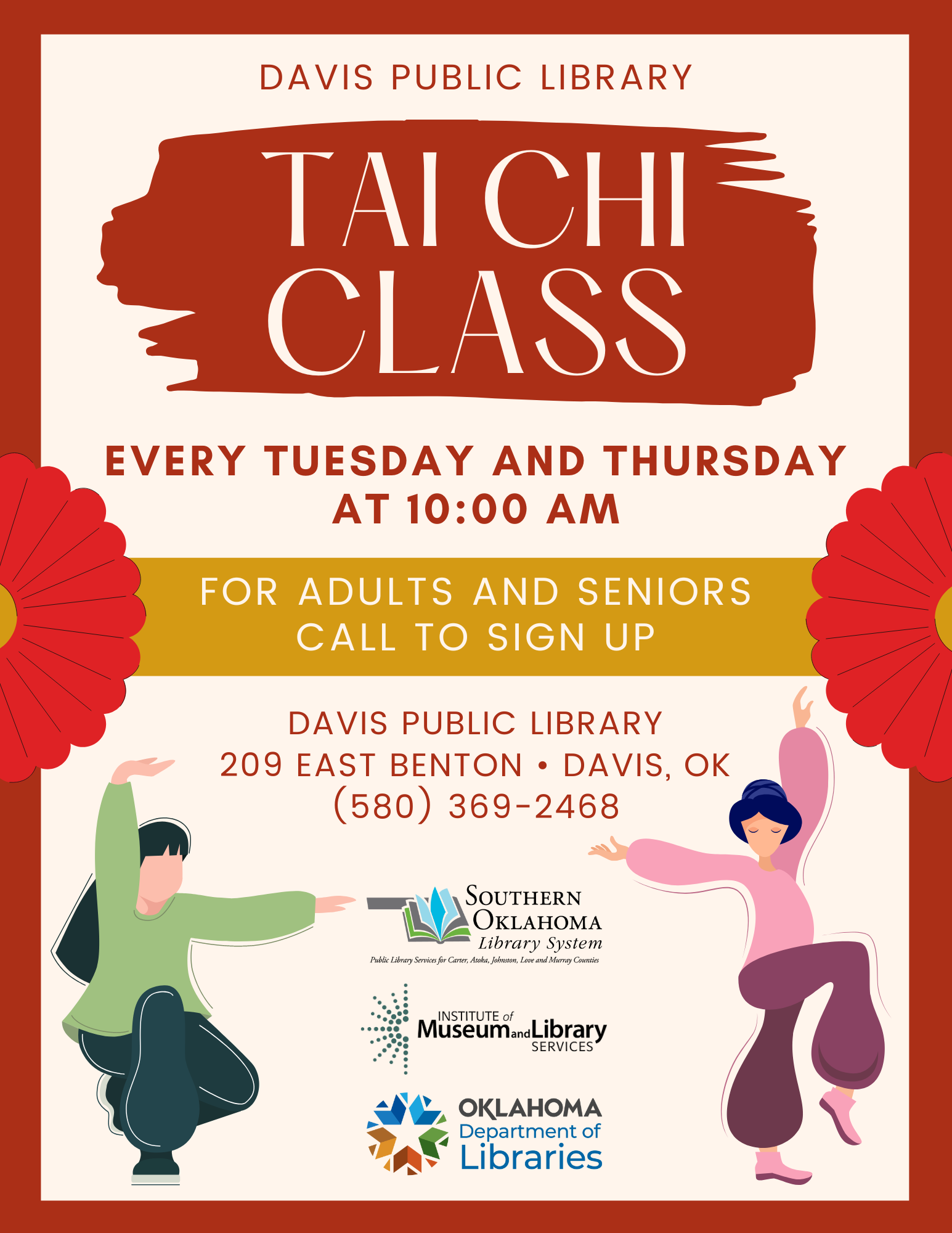 Asian style background with gold, red and cream with two cartoon people performing Tai Chi. Tai Chi class at Davis Public Library.
