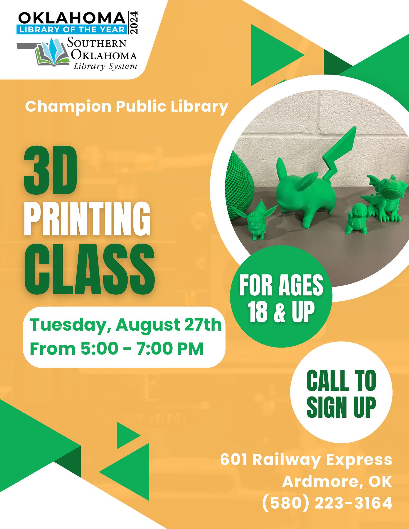 3D Printing Class August Adults CPL flyer 2024