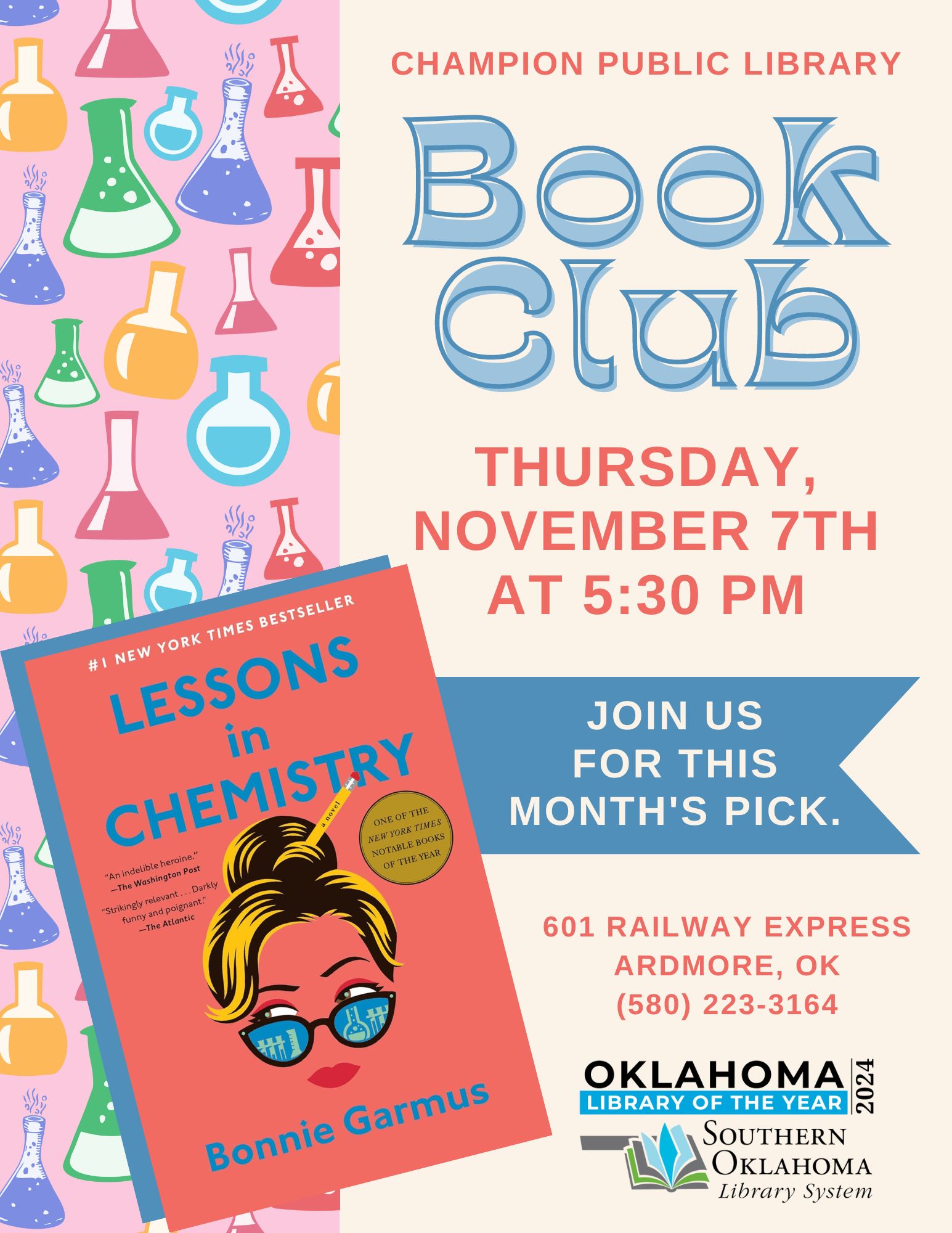 Book Club Lessons in Chemistry CPL Flyer 2024