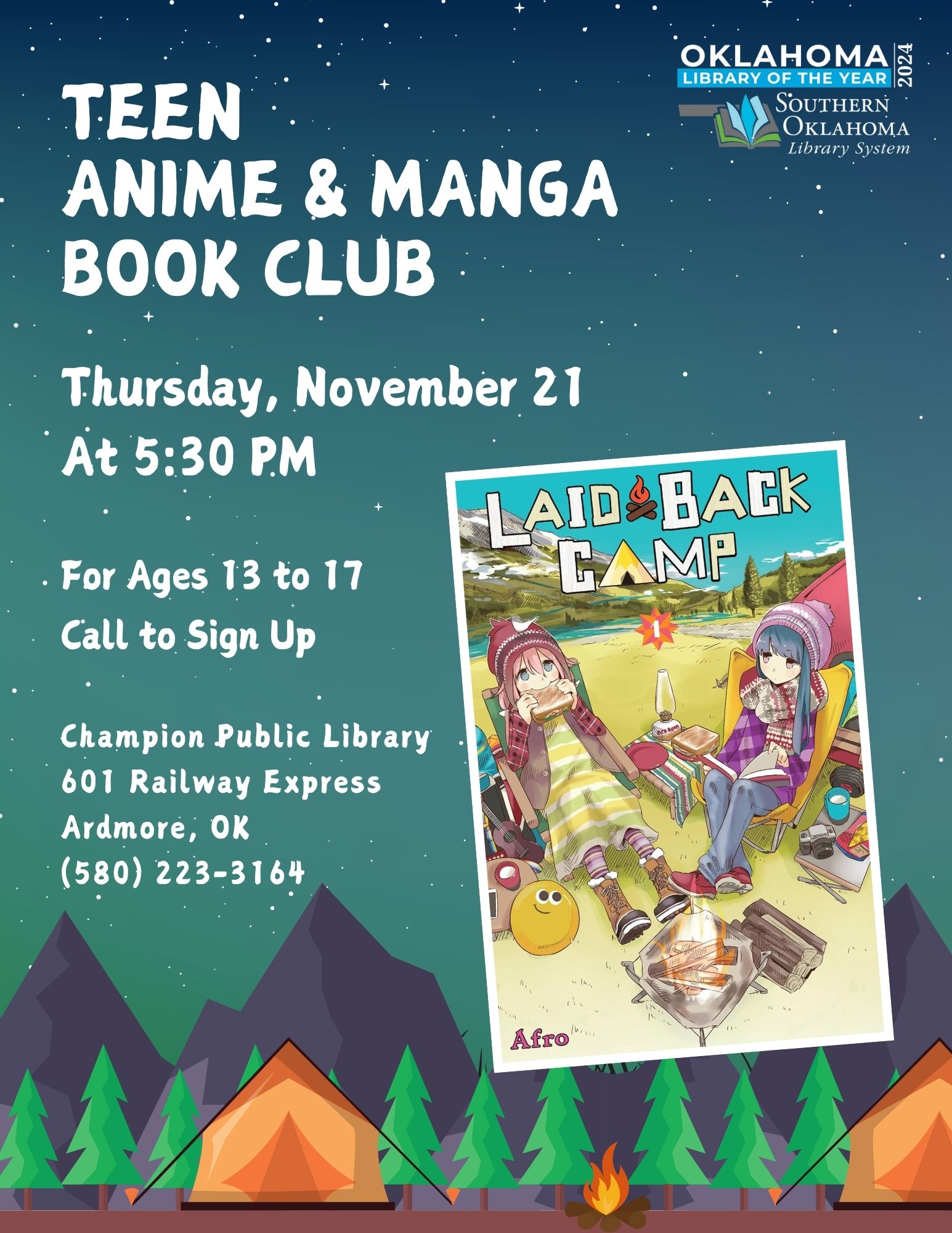 Teen A&M Book Club Laid Back Camp CPL Flyer 2024