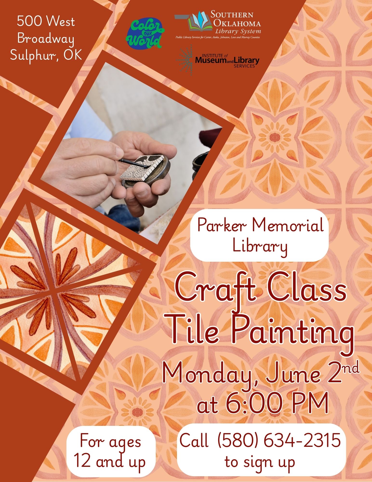 Teen-Adult Craft Class Tile Painting PML 2025 PR SRP Flyer Teen-Adult Craft Class Tile Painting PML 2025 PR SRP Flyer