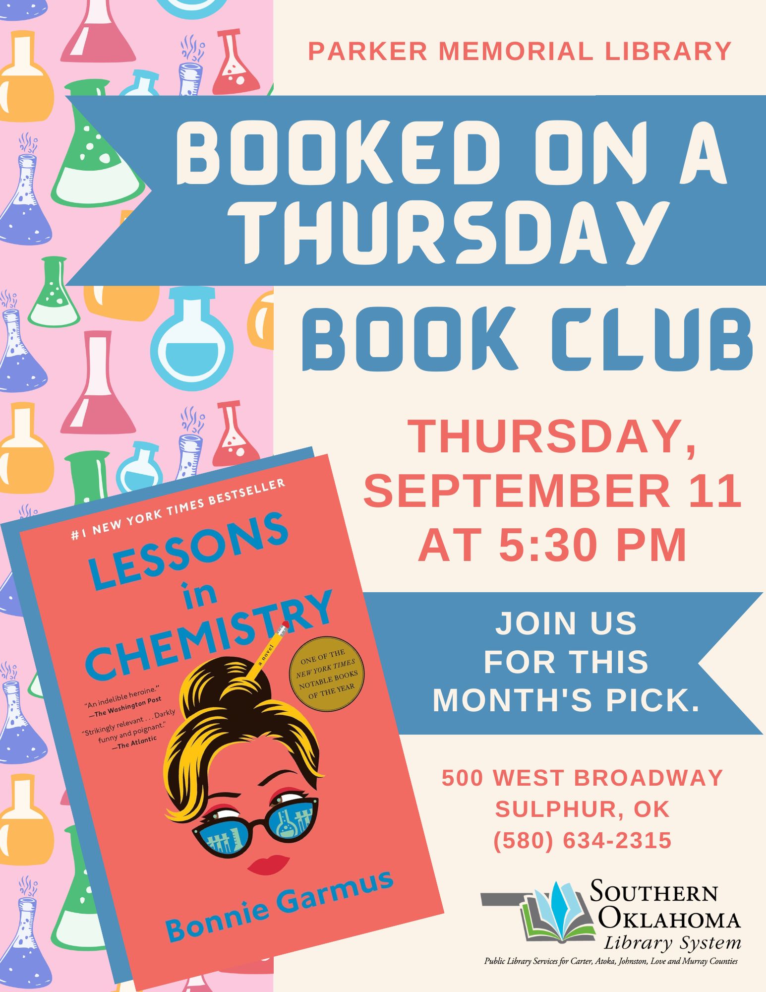 Booked on a Thursday Book Club Lessons in Chemistry PML Flyer 2025