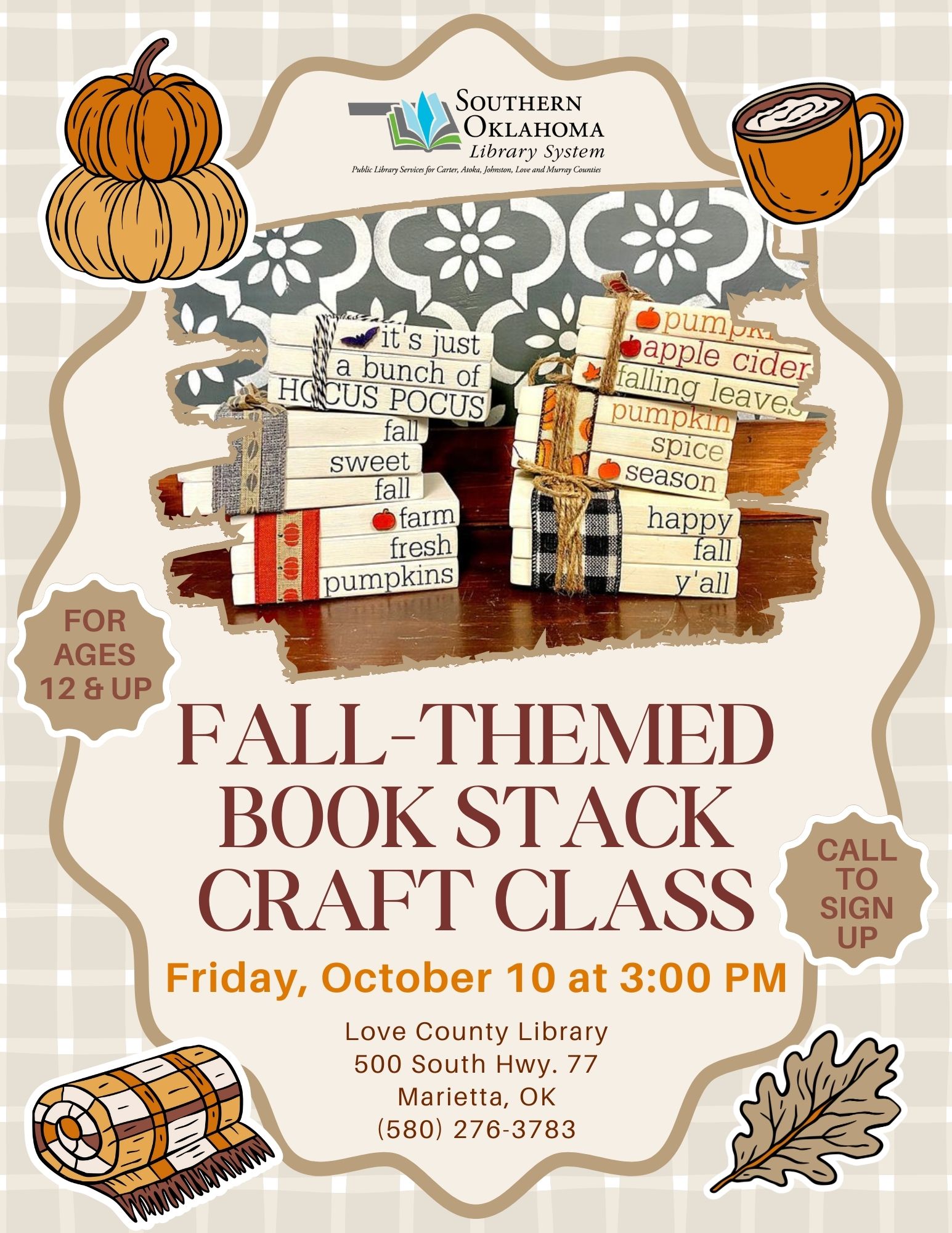 Fall themed Stacked Books Craft LCL Flyer 2025