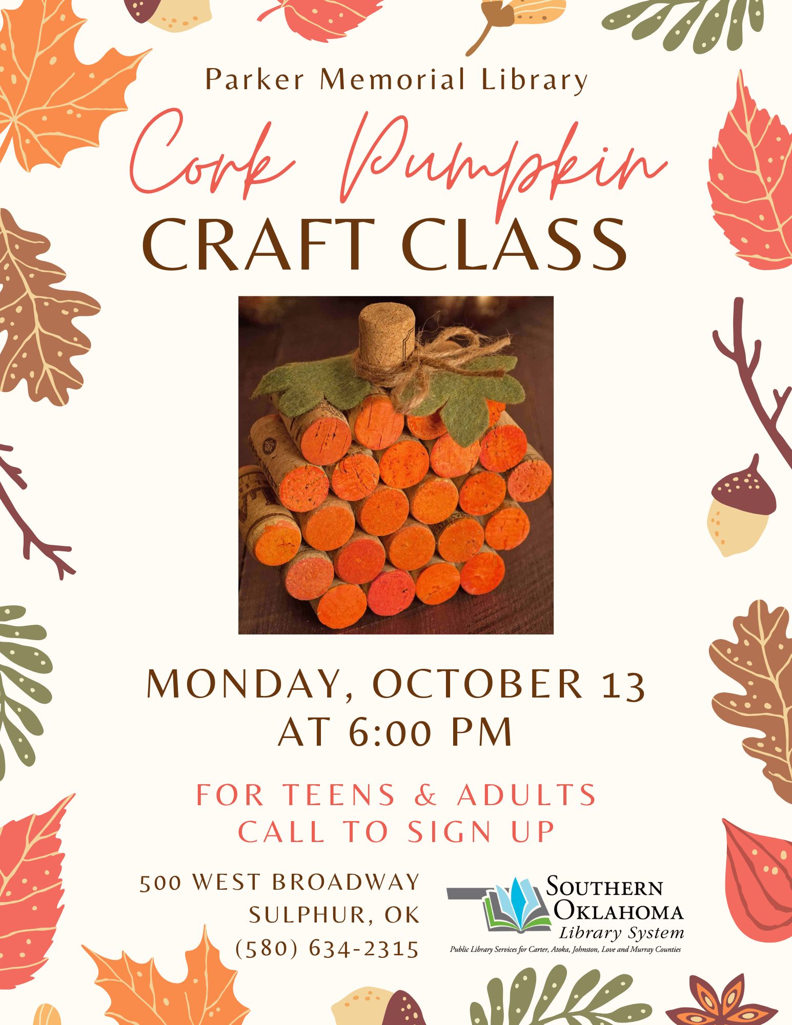 cork pumpkin craft class PML flyer 2025 cork pumpkin craft class PML flyer 2025