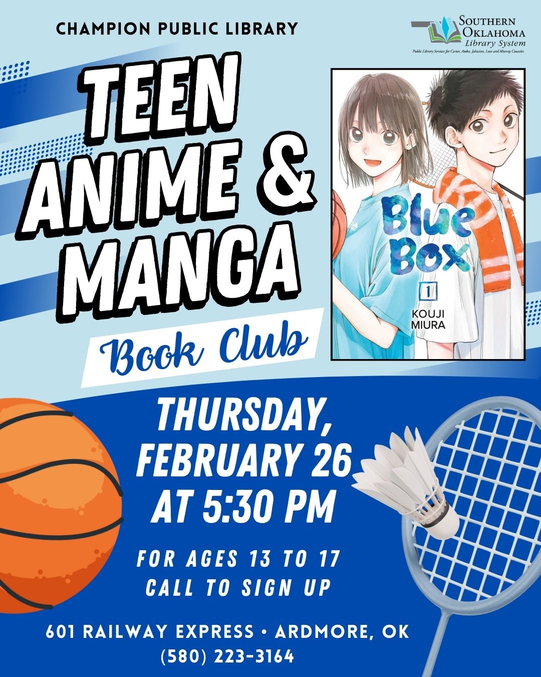 Rescheduled FEB Teen A&M Book Club Blue Box CPL Flyer 2026