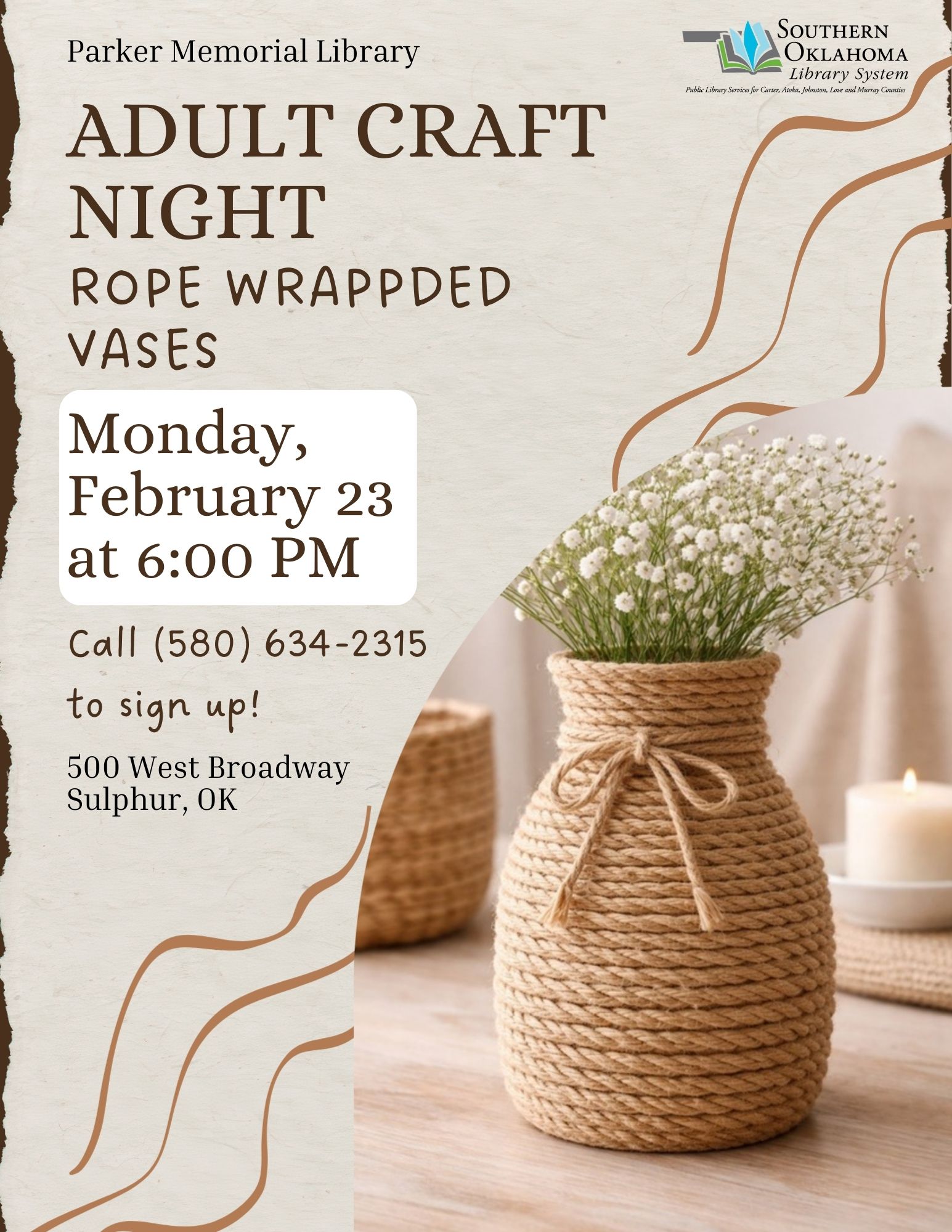 Adult Craft Night Rope Wrapped Vases PML 2026 Pr Flyer