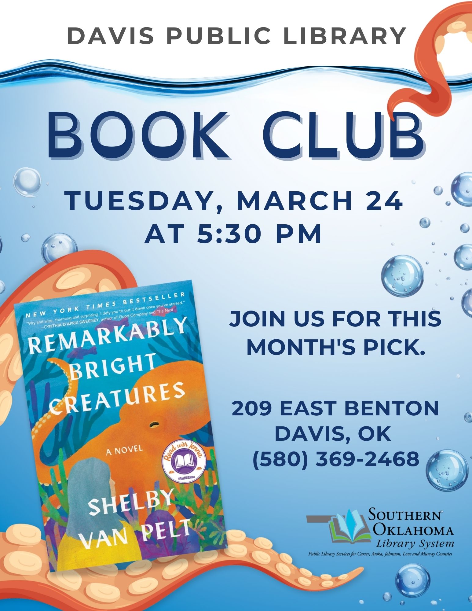 Book Club Remarkably Bright Creatures DPL MAR Flyer 2026