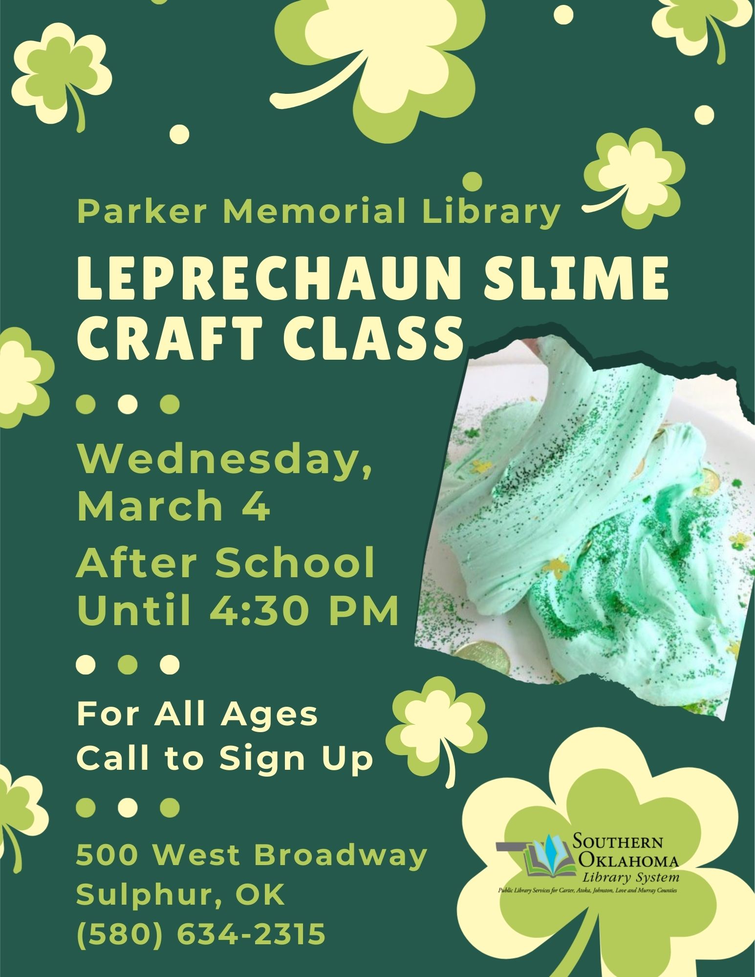 Leprechaun Slime Craft PML Flyer 2026