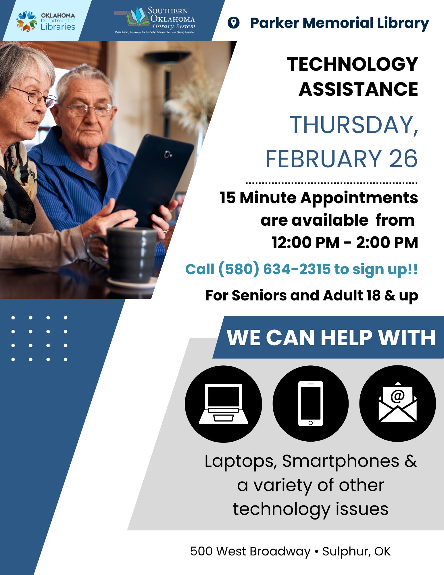 Tech Help @ Parker Memorial Library PML 2026 PR Flyer