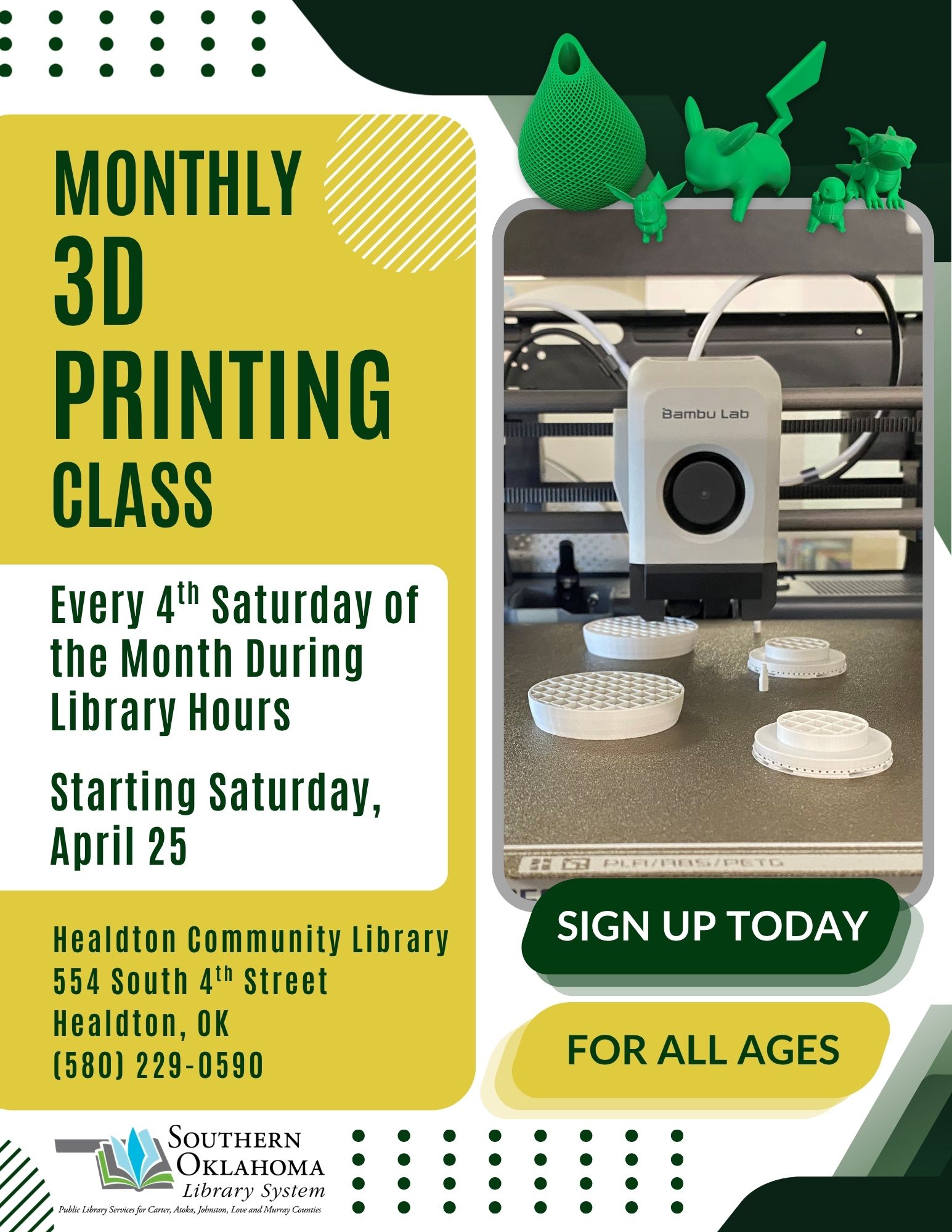 Monthly 3D Printing Class HCL Flyer 2026