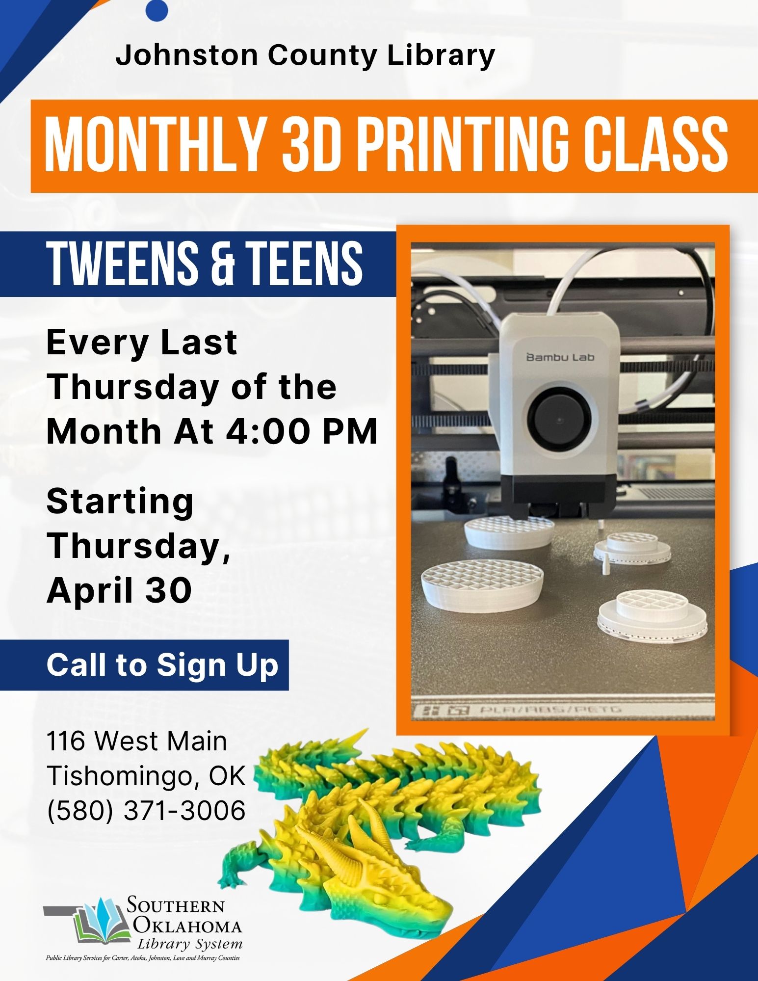 Tweens & Teens Monthly 3D Printing JCL Flyer 2026