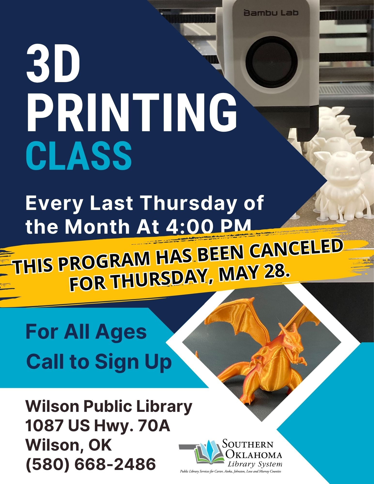 Canceled May 3D Printing Class 2026 WPL Flyer
