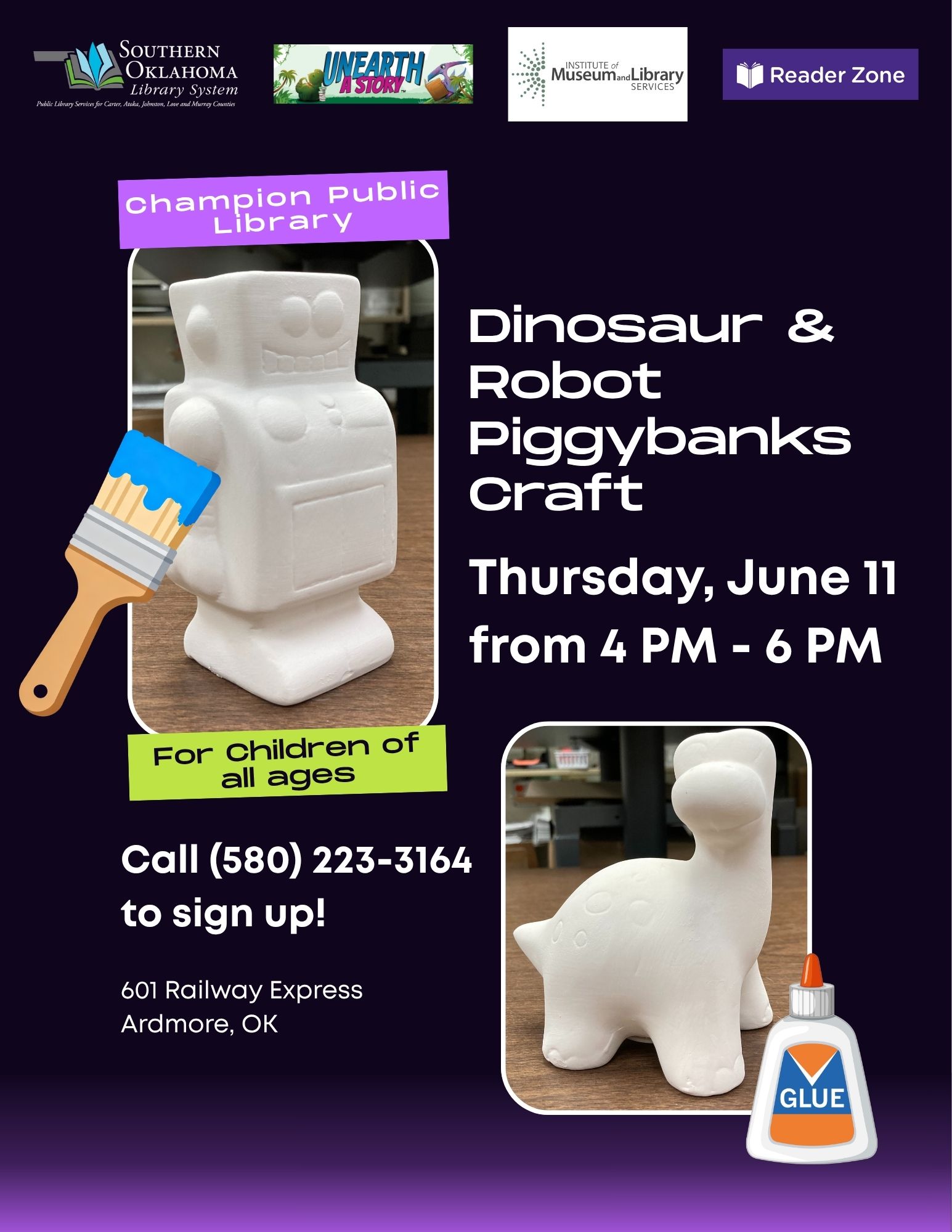 Dinosaur and Robot Piggybank Decorating Class CPL PR Flyer 2026