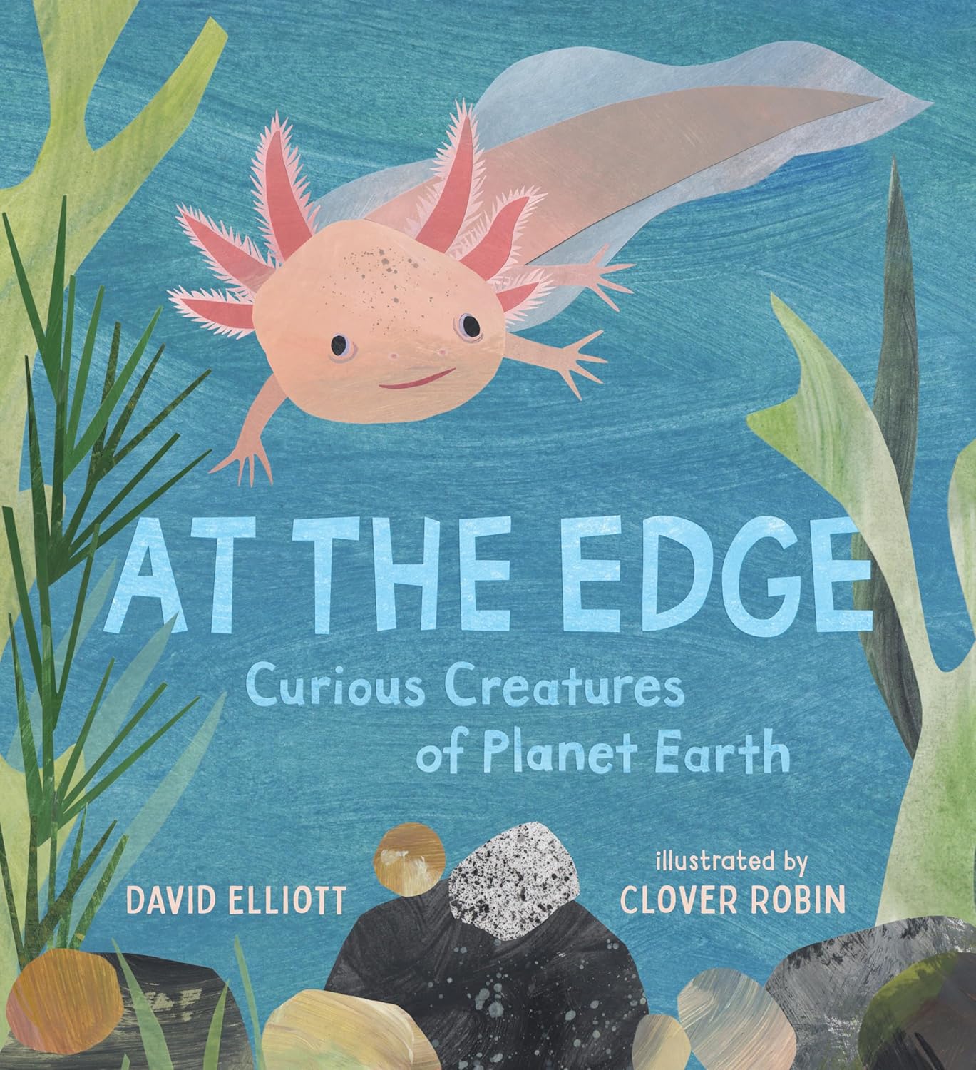 Children's book cover for "At the Edge: Curious Creatures of Planet Earth" by David Elliott, illustrated by Clover Robin. The design features a vibrant, textured collage illustration of unique and unusual animals—like an axolotl salamander or a pink fairy armadillo—set against a colorful, playful nature background. The book title is displayed prominently across the center in a friendly, bold font, with the author's and illustrator's names neatly printed.