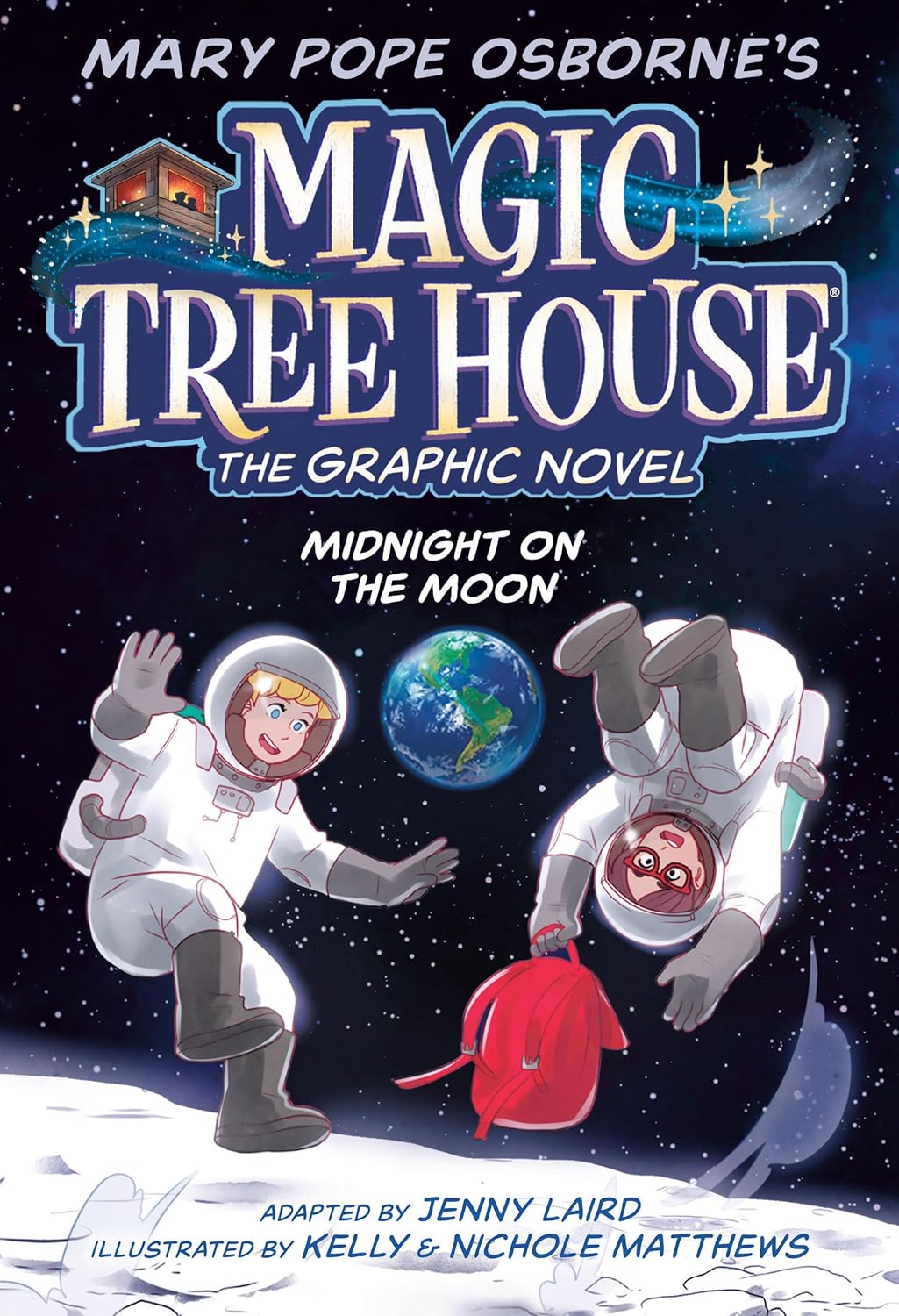 Book cover for the children's adventure novel "Midnight on the Moon" (Magic Tree House #8) by Mary Pope Osborne. The illustration features the main characters, Jack and Annie, dressed in bulky white space suits and helmets as they explore the rocky, cratered surface of the moon. In the background, the glowing blue planet Earth is visible in the dark expanse of space. The distinctive "Magic Tree House" logo frames the top, with the title displayed below in a bold, classic adventure font.