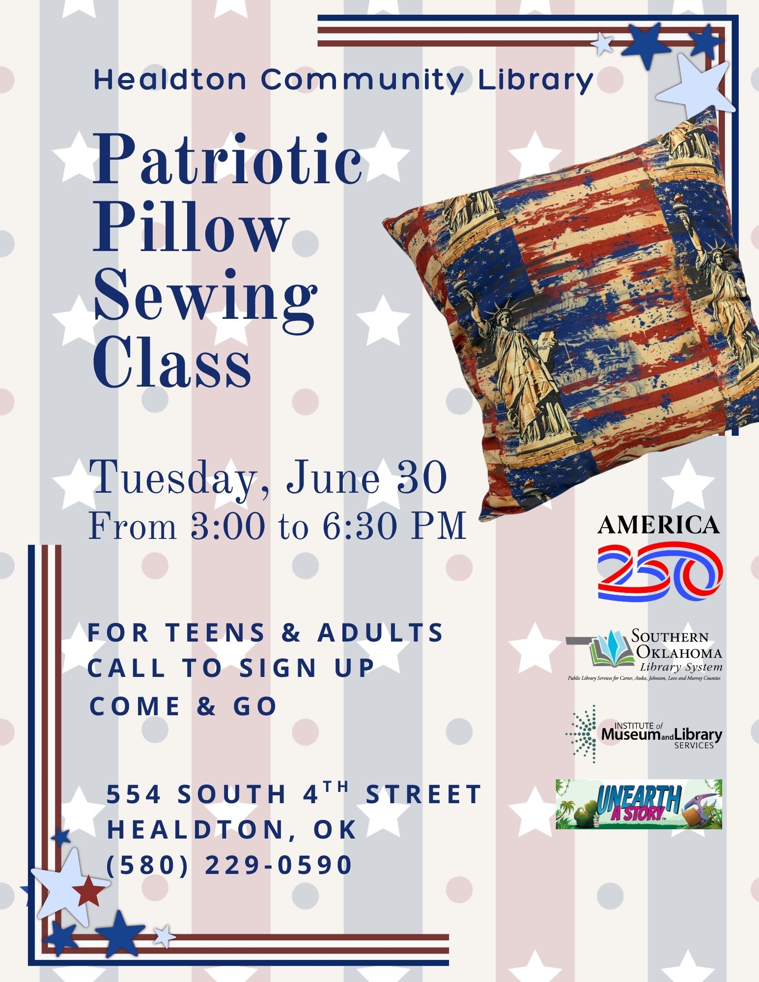 Patriotic Pillow Sewing Class Flyer HCL A250 SRP 2026