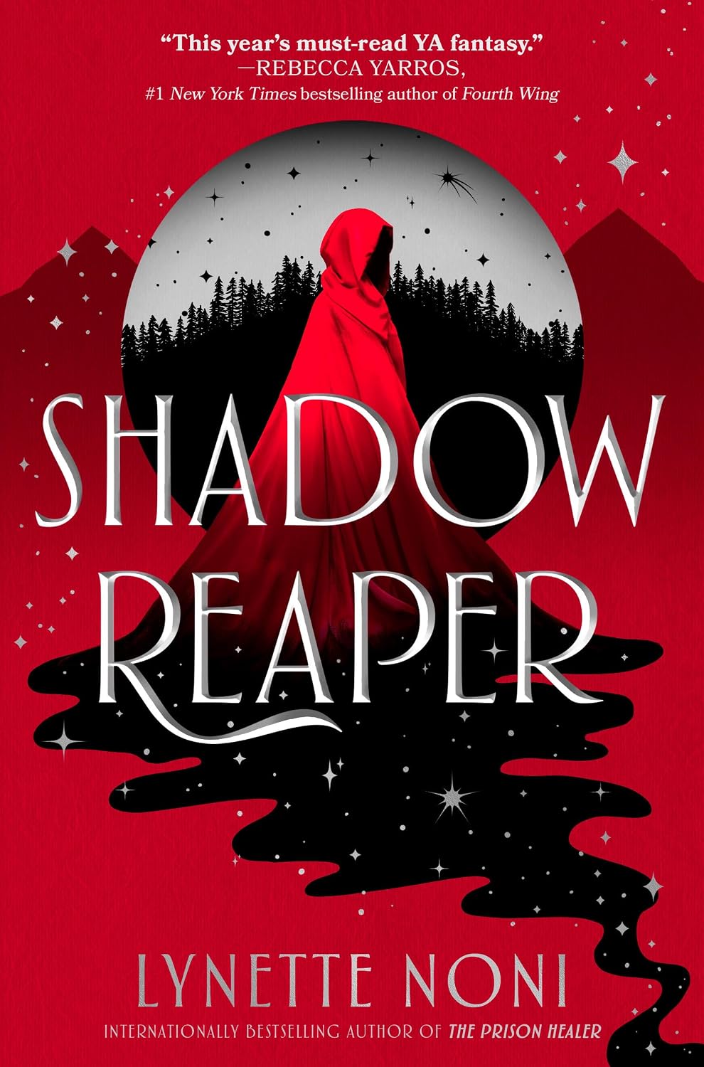 Hardcover book cover for the fantasy novel "Shadow Reaper" by Lynette Noni, showcasing dark fantasy imagery of a mysterious black mist background with bold silver typography and a starry theme.
