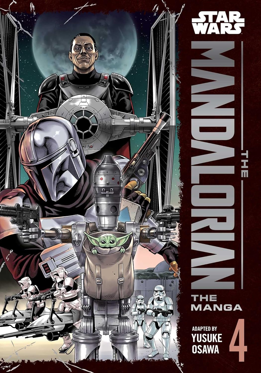 Manga volume cover for "Star Wars: The Mandalorian: The Manga, Vol. 4" by Yusuke Osawa. The cover features a dynamic, high-contrast black-and-white manga-style illustration of Din Djarin in his full Beskar armor, holding his blaster drawn in an action pose. Alongside him, the adorable Grogu (Baby Yoda) looks out with wide eyes. The background incorporates classic Star Wars planetary elements and action lines, with the distinctive "The Mandalorian" title and a prominent "Volume 4" badge displayed in stylized typography.