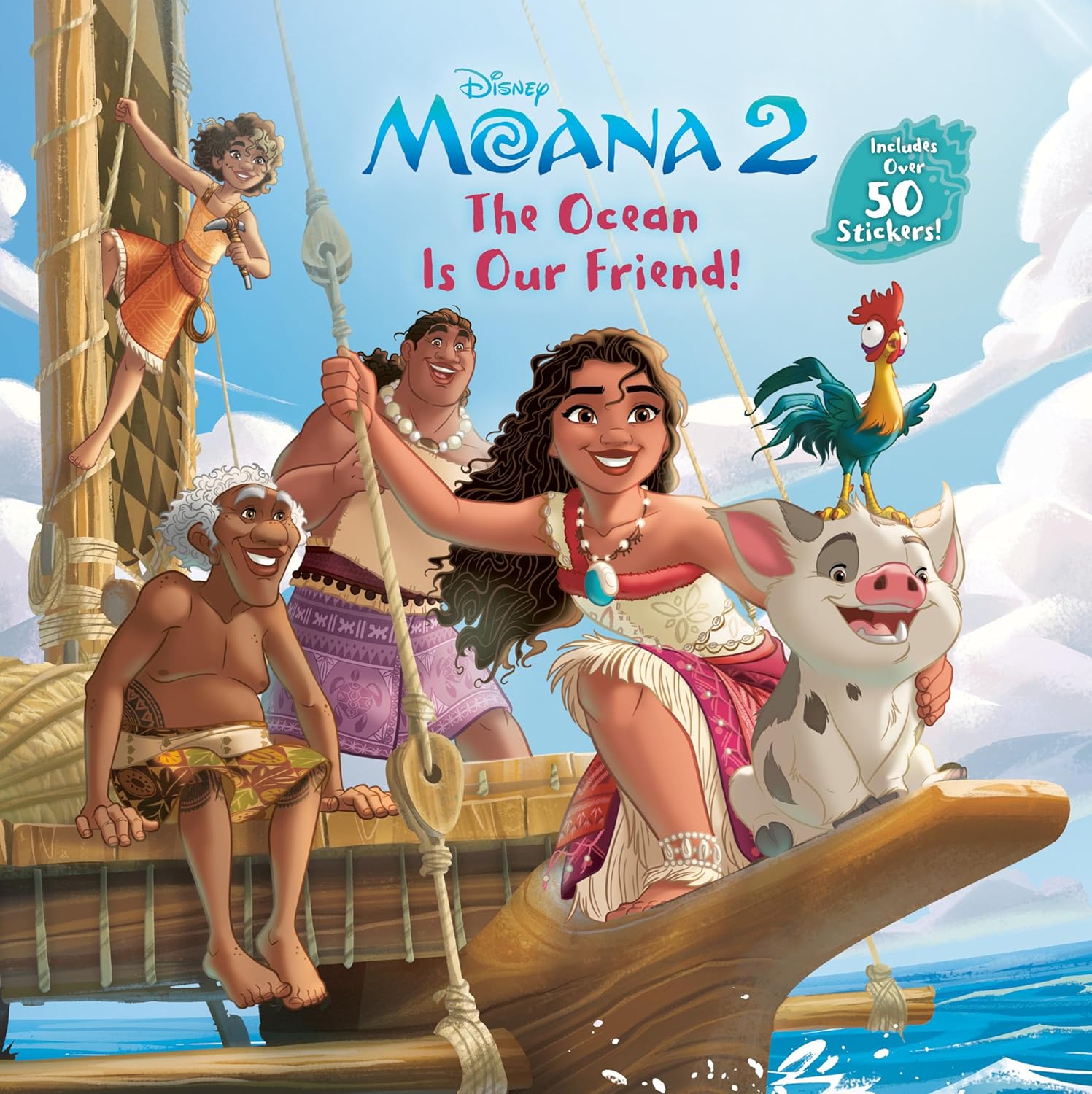 Children's picture book cover for Disney Moana's "The Ocean is Our Friend!" by Suzanne Francis. The vibrant illustration features a young Moana smiling brightly as a gentle wave of ocean water curls playfully around her, holding her up. Next to her, her mischievous pet rooster, Heihei, looks surprised, and her loyal pet pig, Pua, sits happily on the sandy shore. The title is written across the top in a bold, tropical, colorful font with the Disney Moana branding clearly visible.