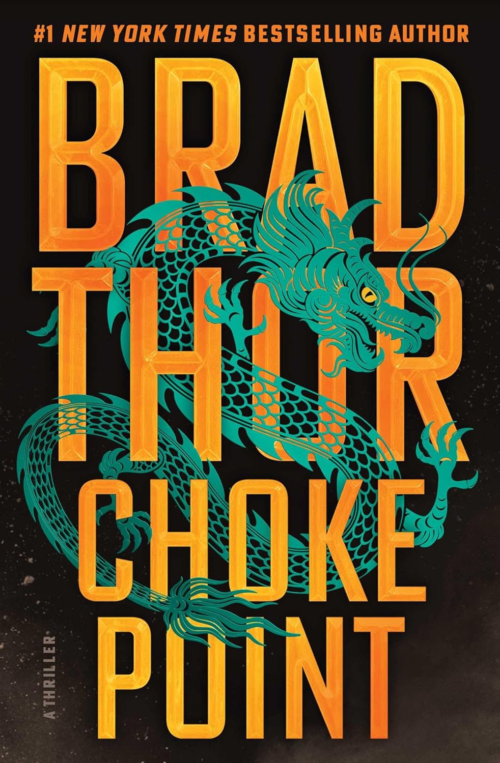 Book cover for the espionage thriller "Choke Point" by Brad Thor. The author's name is prominently featured across the top in a massive, bold white serif font. Below, the title "Choke Point" is written in clean, stark white typography. The bottom half of the cover features a gritty, high-contrast action background, showing a lone tactical operative or silhouette amidst a tense, shadowy backdrop that evokes a military or political crisis.