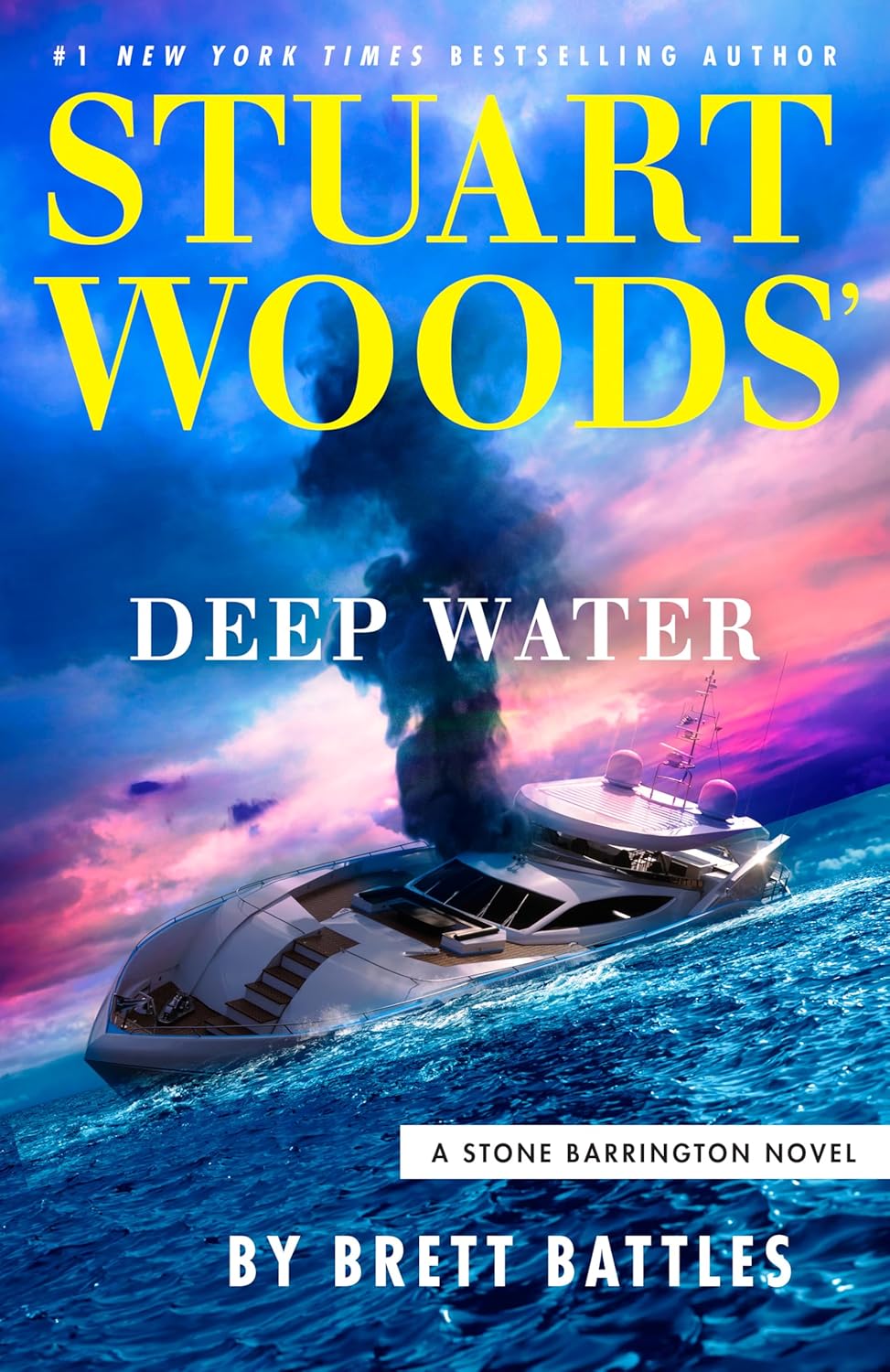 Book cover for the thriller "Deep Water" by Stuart Woods. The background is a close-up, top-down view of deep blue, churning ocean water with white sea foam. The author's name is prominently displayed at the top in large, embossed silver lettering, with the title "Deep Water" centered below it.