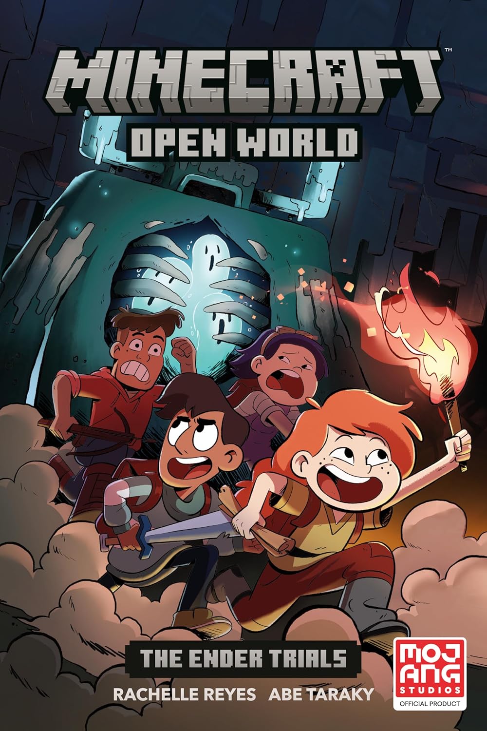 Front cover of the Dark Horse graphic novel "Minecraft: Open World: The Ender Trials" by Abe Taraky and Rachelle Reyes. The blocky, pixelated artwork showcases a team of four distinct Minecraft player characters—Sarah, Hector, Ziah, and Olivia—gearing up for battle in a dramatic landscape. Surrounding them are classic, blocky enemy mobs like Endermen and other creatures from the End dimension. The prominent "Minecraft" franchise logo sits across the top, with the title "Open World: The Ender Trials" displayed in sharp, blocky text across the front layout.
