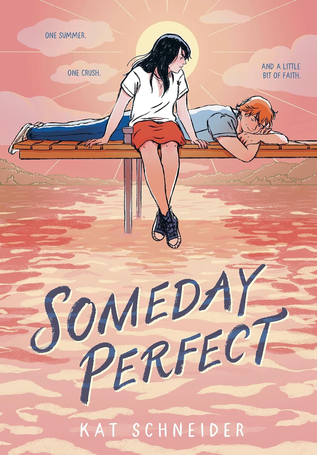Book cover for the contemporary fiction novel "Someday Perfect" by Kat Schneider. The design features an artistic, stylized background using soft pastel tones or abstract textures to match the emotional themes of the story. The author's name is cleanly placed at the top, while the title "Someday Perfect" is displayed prominently across the center in a modern, elegant, serif typeface.