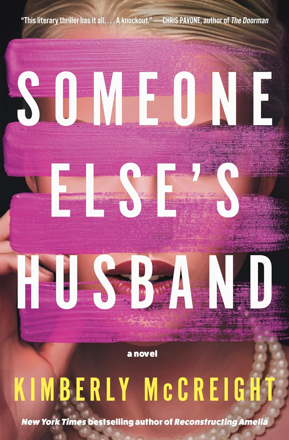 Book cover of "Someone Else's Husband" by Kimberly McCreight, featuring a split-screen design with a snowy mountain peak on top and a dark silhouette of a woman below.