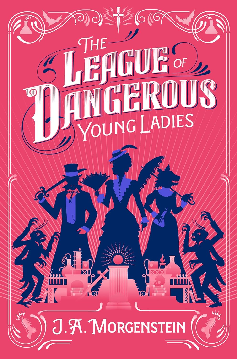 ook cover for the YA historical fantasy novel "The League of Dangerous Young Ladies" by J. A. Morgenstein. Set against an atmospheric Edwardian or Gothic-inspired background, the title is displayed across the center in a bold, intricate, and vintage stylized font. Elegant, whimsical design accents and silhouettes reflecting the book's 1909 monster-hunting and supernatural theme frame the text, with the author's name clearly visible.