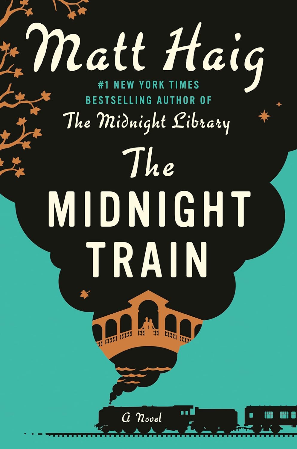 Book cover of "The Midnight Train" by Matt Haig. Set against a deep midnight blue background filled with tiny, whimsical gold stars and celestial shapes, the center features a stylized illustration of a classic passenger train moving along a curved track. The title and author's name are printed in clean, crisp white typography, emphasizing the magical realism tone of the novel.