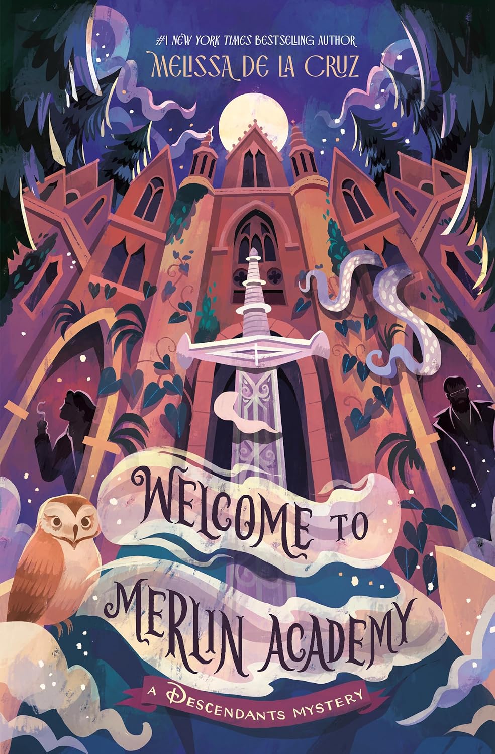 Front book cover for the young adult fantasy novel "Welcome to Merlin Academy" by Melissa de la Cruz. The layout features an enchanting, high-contrast design showcasing a majestic, glowing magical academy or a mystical school crest set against a starry, deep-colored twilight sky. The title "Welcome to Merlin Academy" is displayed prominently across the center in an elegant, stylized, magical font, with the bestselling author's name cleanly presented at the top.
