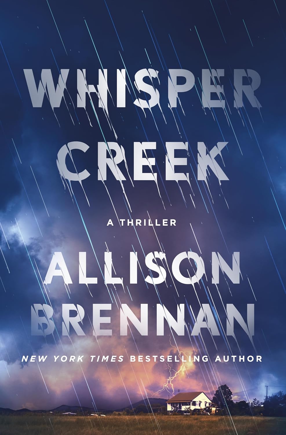 Book cover of the standalone thriller "Whisper Creek" by Allison Brennan. The design features a dark, foreboding rural landscape under a heavy, overcast storm sky. In the foreground, a swollen, churning creek or river flows rapidly past weathered farm trees, capturing the novel’s intense flooded Texas setting. The author's name is boldly displayed across the top in white, uppercase typography, with the title "Whisper Creek" cleanly centered in the middle.