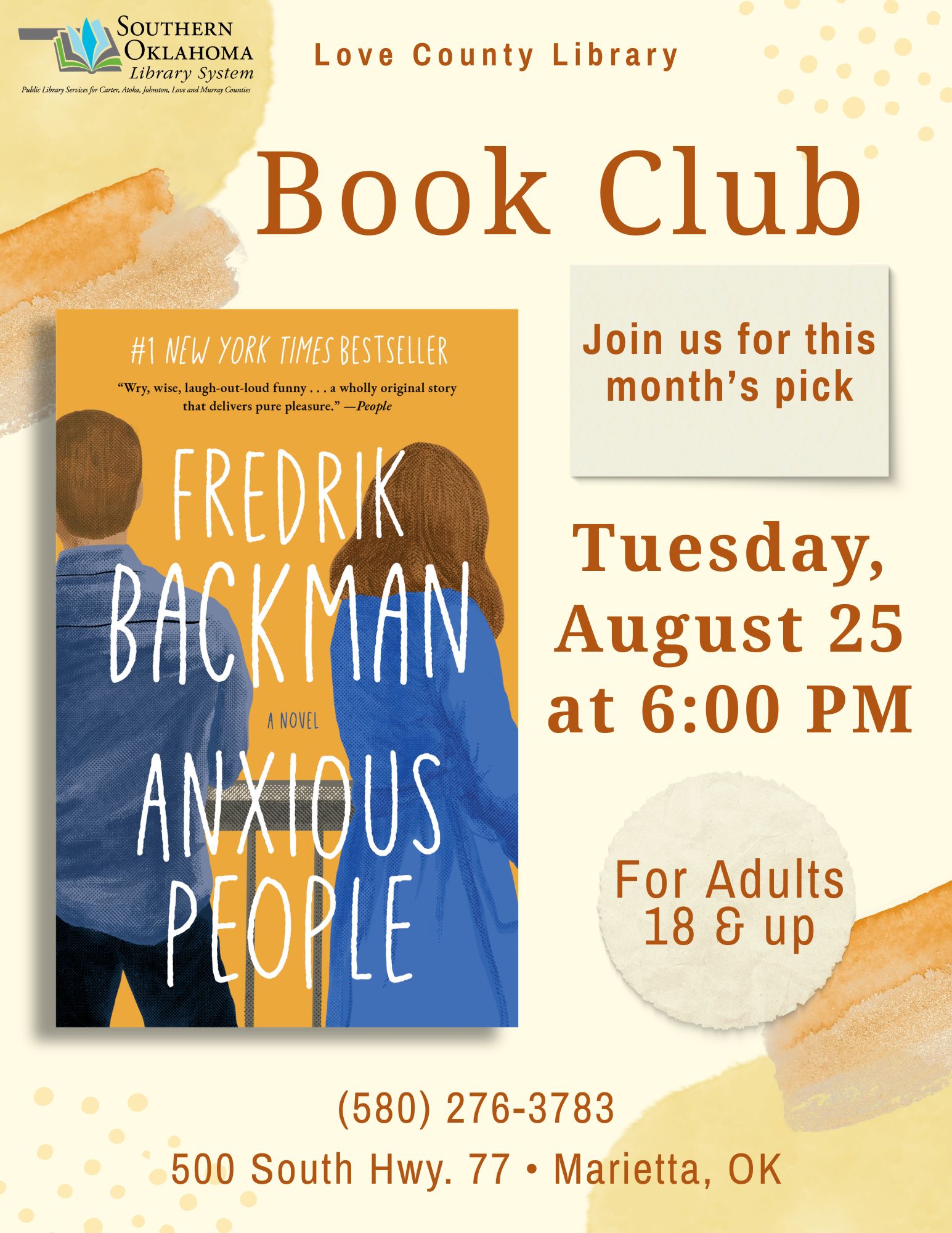 Anxious People Book Club LCL 2026 PR Flyer