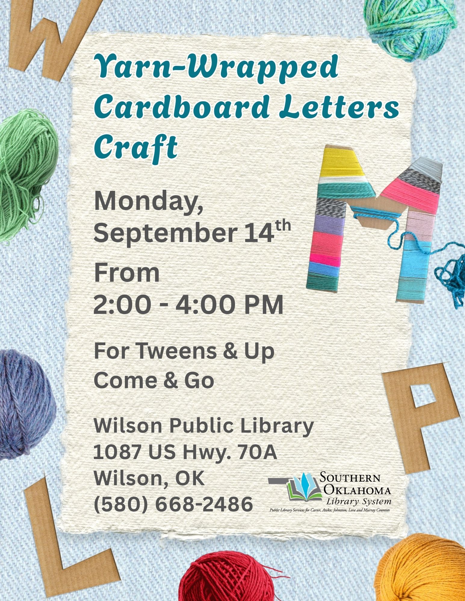 Yarn Wrapped Cardboard Letter WPL Flyer 2026