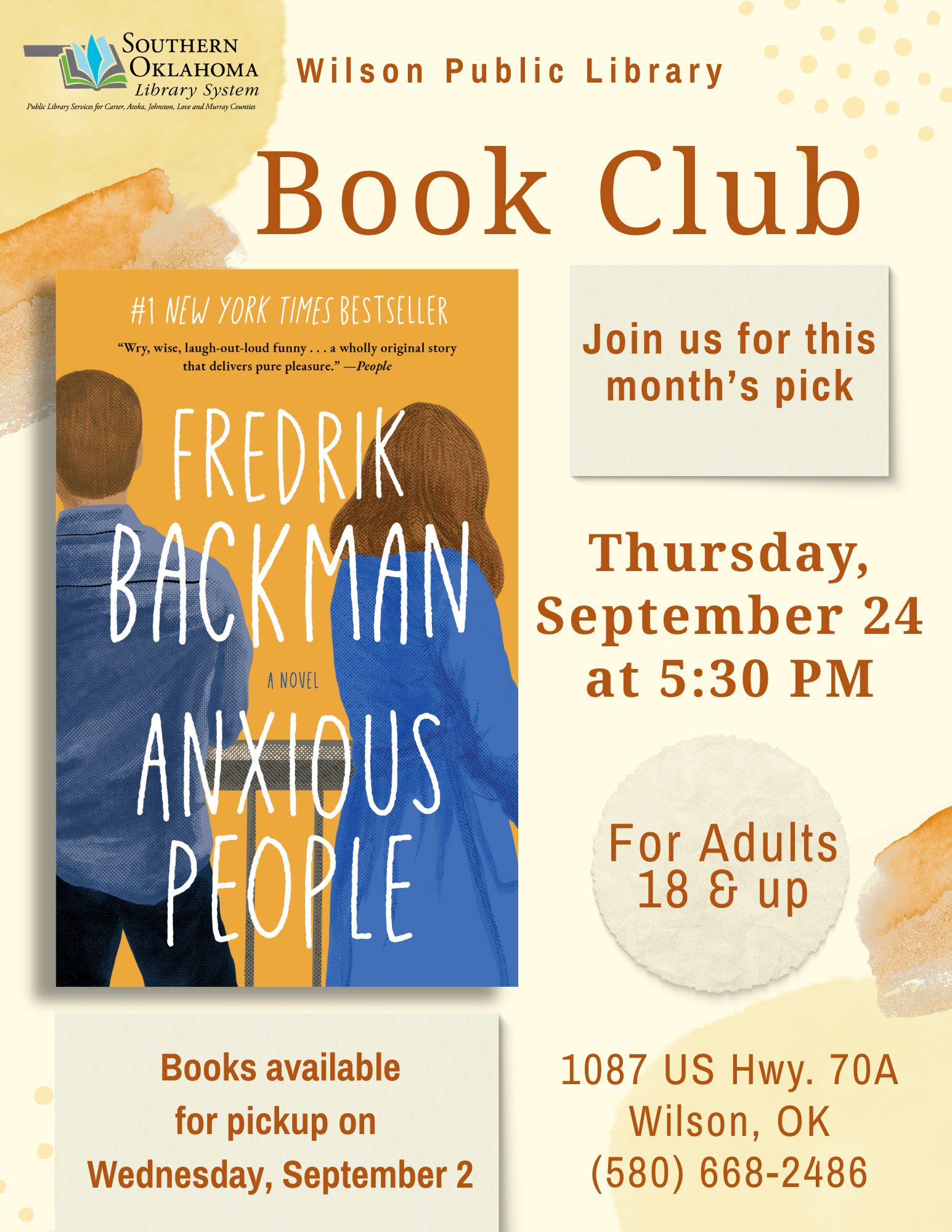 Flyer for Wilson Public Library's Book Club discussing "Anxious People" by Fredrik Backman, Thursday, September 24 at 5:30 PM, for adults 18+, with the book cover shown.