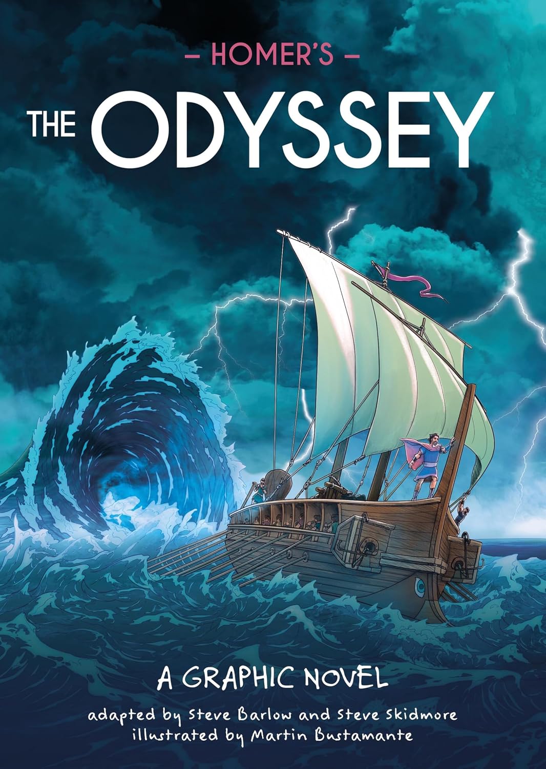 Cover of "Homer's The Odyssey: A Graphic Novel." An ancient Greek ship with oarsmen battles a towering wave under a lightning-streaked stormy sky, with a warrior standing at the helm.