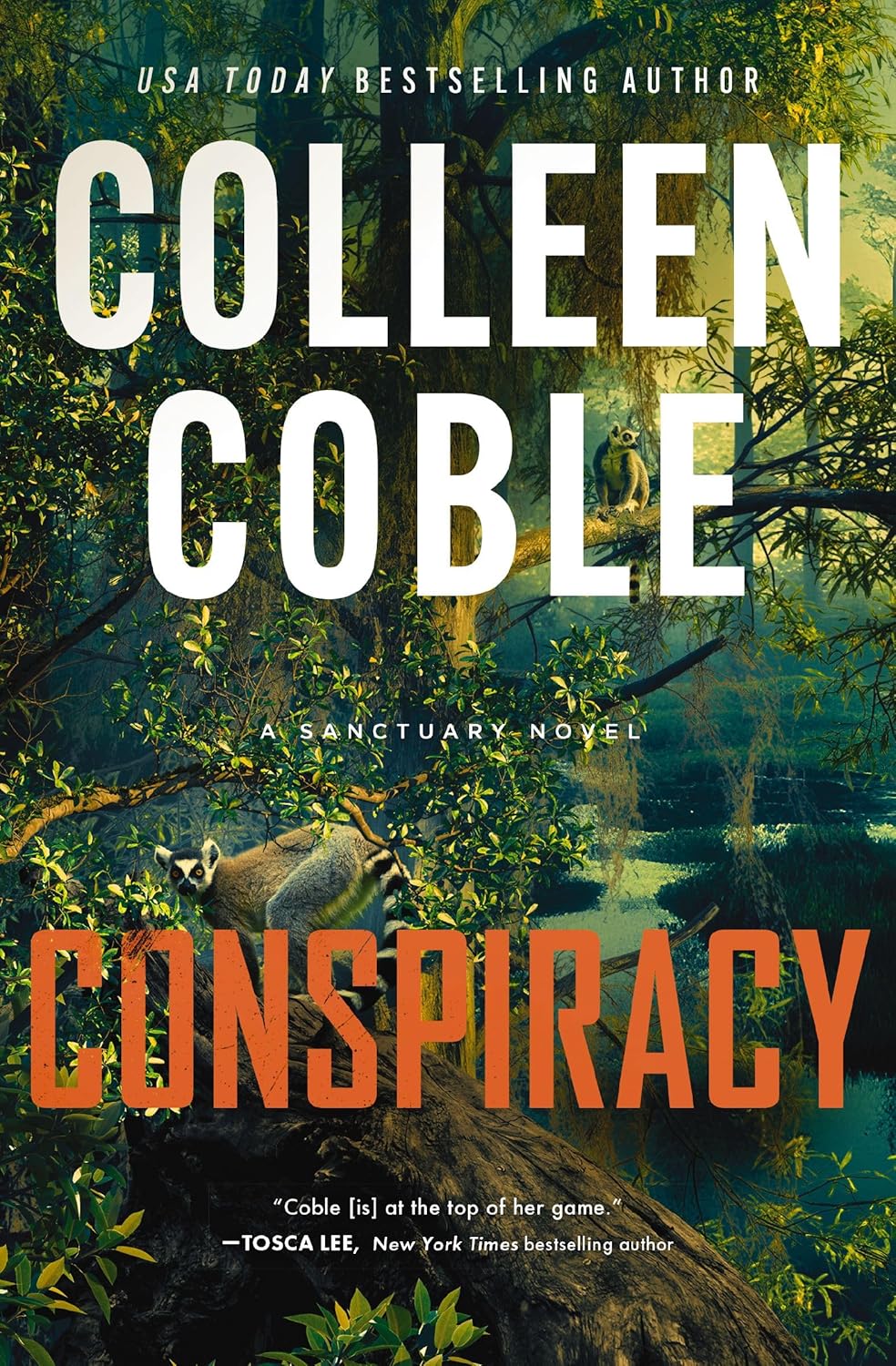 Conspiracy: A Sanctuary Novel" by Colleen Coble. Two ring-tailed lemurs perch in a misty, mossy swamp forest, with the author's name in white at top and the title in orange below.