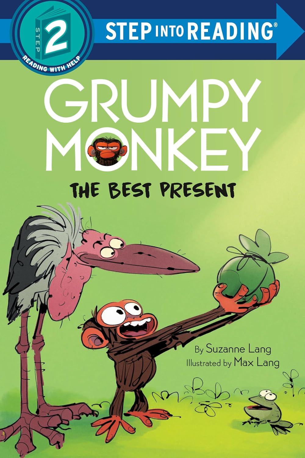 Cover of "Grumpy Monkey: The Best Present" by Suzanne Lang, illustrated by Max Lang, a Step Into Reading book. A wide-eyed monkey holds up a wrapped gift toward a surprised pink-headed stork, with a small frog nearby on a green background.