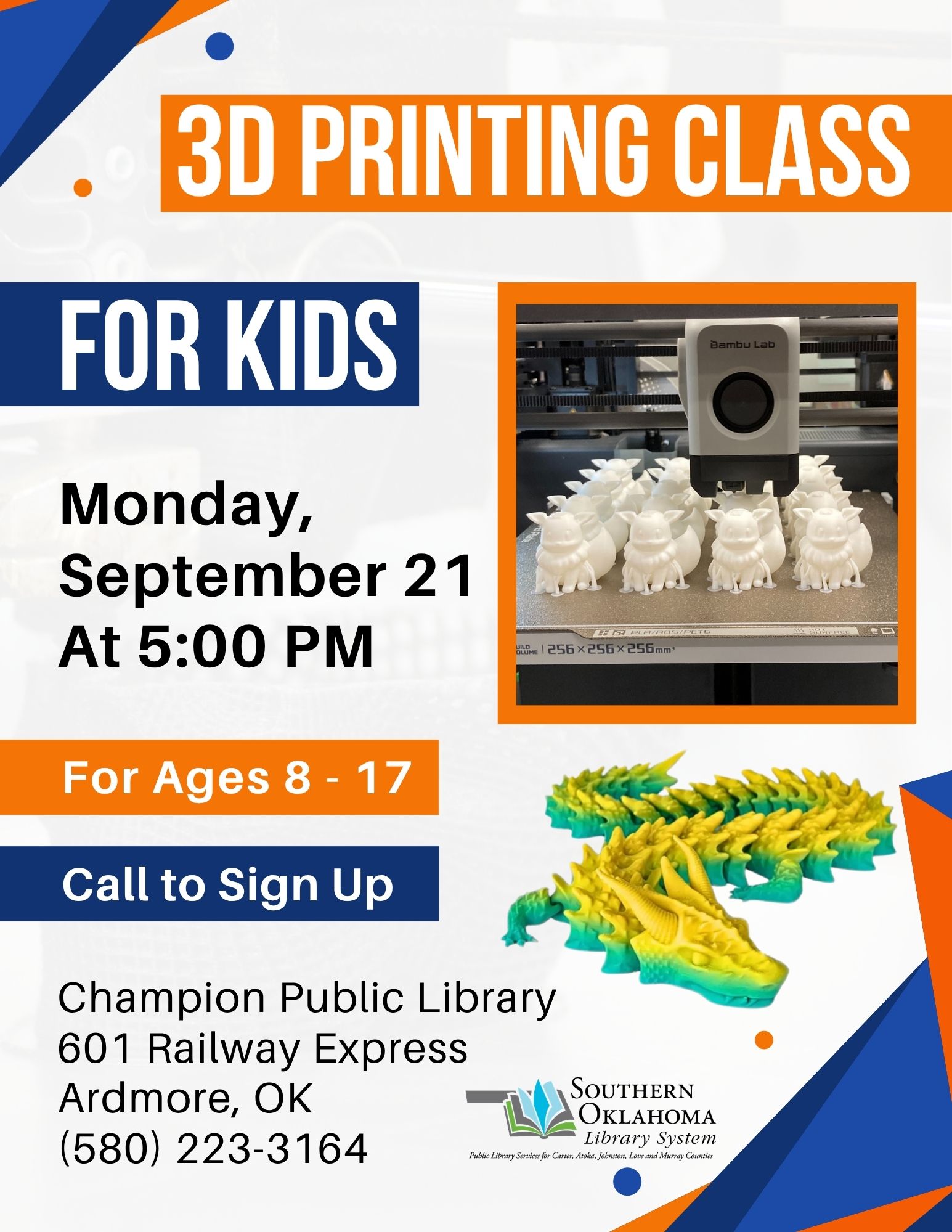 Flyer for a 3D Printing Class for Kids (ages 8–17) at Champion Public Library, Monday, September 21 at 5:00 PM, featuring photos of a 3D printer with small figurines and a printed dragon model.