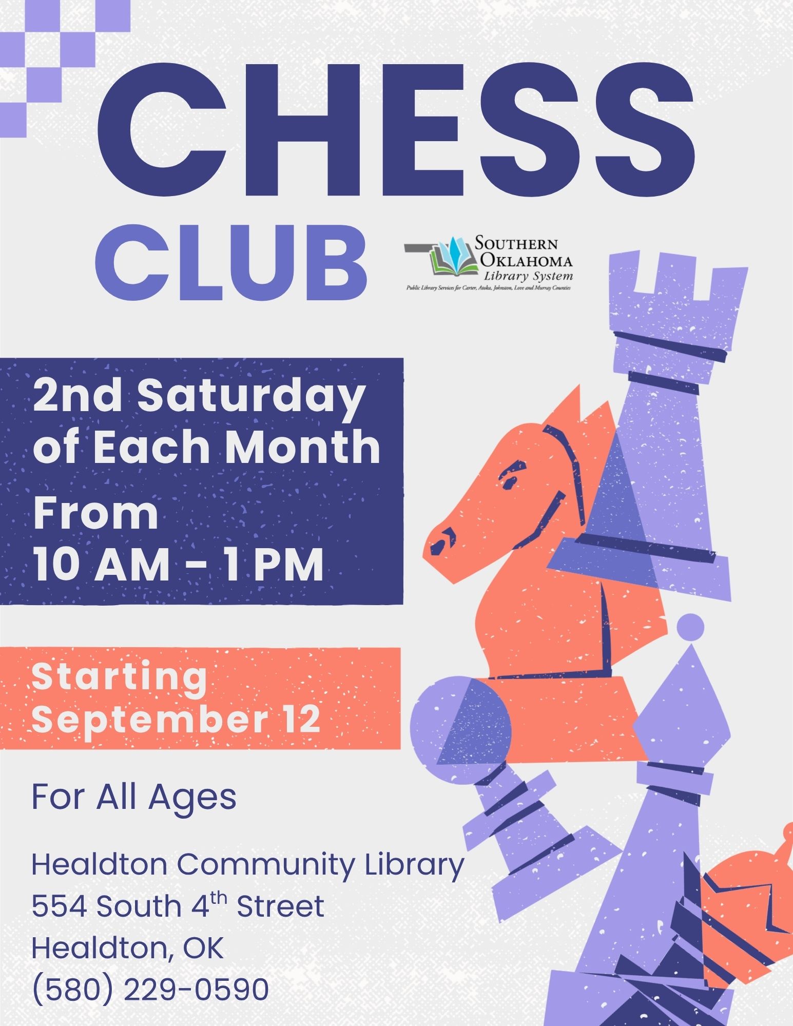 Flyer for Chess Club at Healdton Community Library, held the 2nd Saturday of each month from 10 AM–1 PM starting September 12, for all ages, with an illustration of chess pieces.