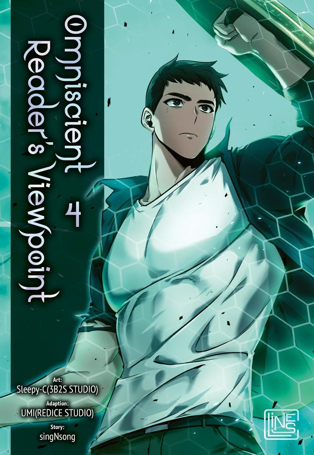 Illustrated cover of "Omniscient Reader's Viewpoint, Volume 4." A dark-haired young man in a white shirt grips a glowing green blade against a hexagonal teal energy backdrop with shattered fragments floating around him.