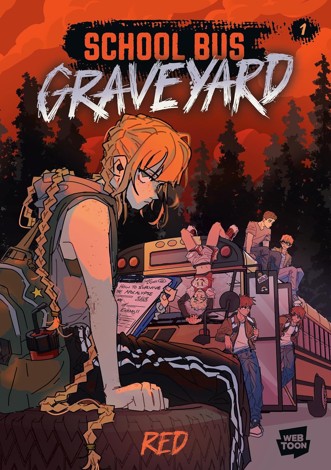 Illustrated cover of "School Bus Graveyard, Volume 1" by Red, from Webtoon. Under a fiery orange sky, a girl with orange hair stands atop an old school bus holding a paper titled "How to Survive the Apocalypse 101," with several other teens around the bus.
