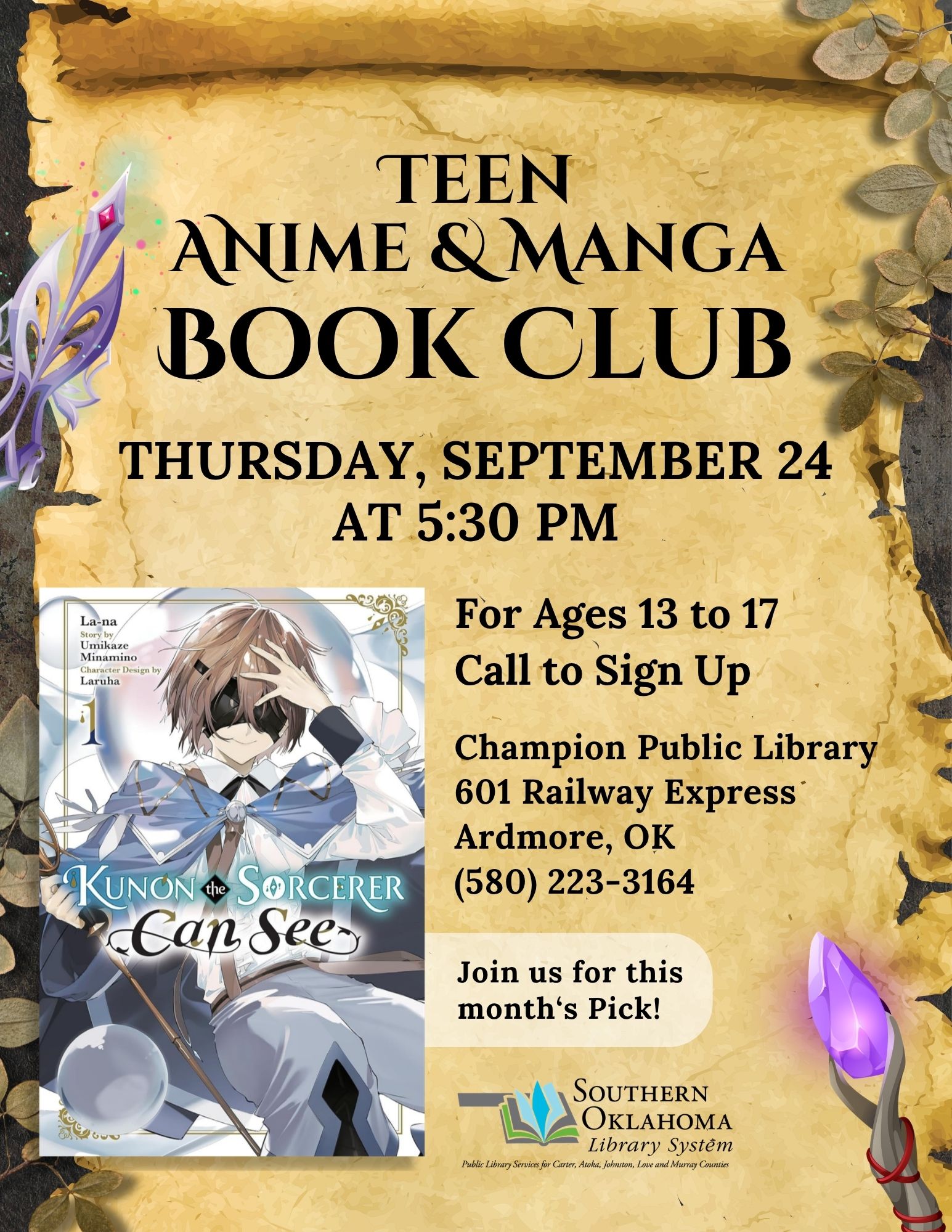 Teen A&M Book Club Kunon the Sorcerer CPL Flyer 2026