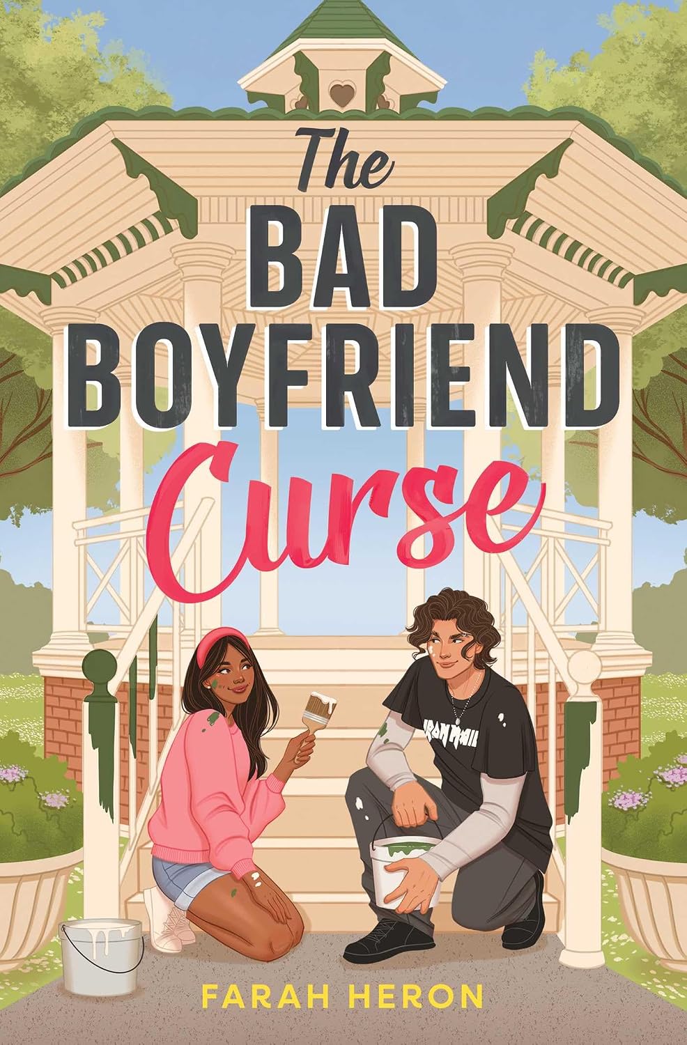 Illustrated YA cover of "The Bad Boyfriend Curse" by Farah Heron. A teen girl and boy kneel together painting the steps of a park gazebo, smudged with paint and smiling at each other.