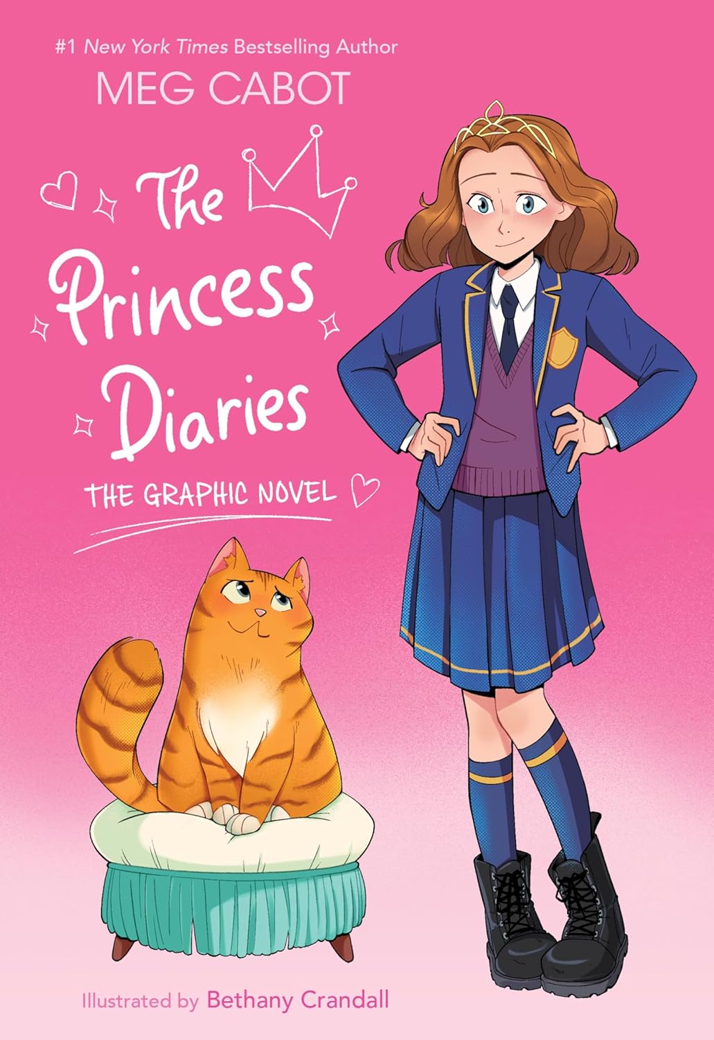 Illustrated cover of "The Princess Diaries: The Graphic Novel" by Meg Cabot, illustrated by Bethany Crandall. A teen girl with a small crown, in a school uniform and combat boots, stands beside an orange tabby cat on a cushioned stool, against a pink background.