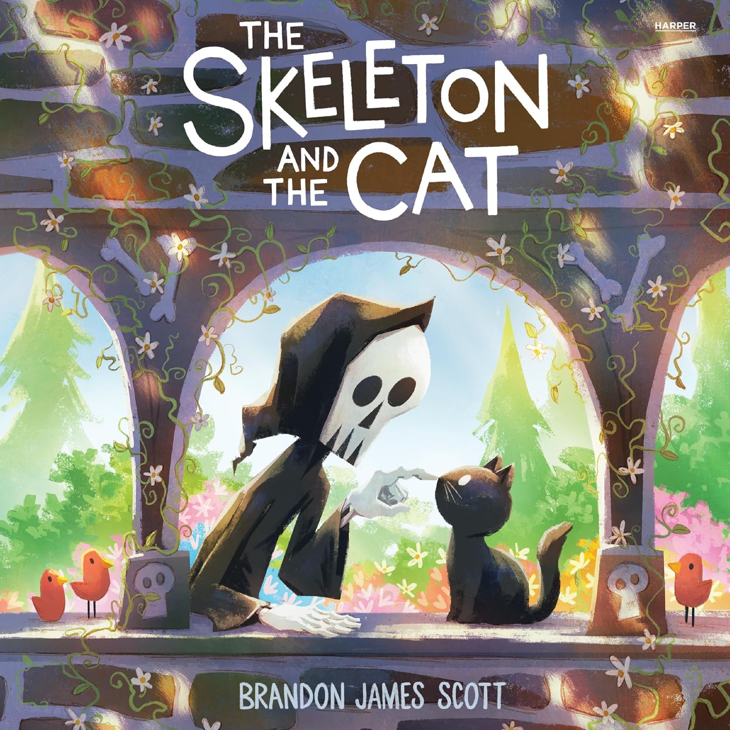 Illustrated children's book cover for "The Skeleton and the Cat" by Brandon James Scott. A friendly, cloaked skeleton touches noses with a black cat under a flower-covered stone archway, with a lush garden and two orange birds nearby.