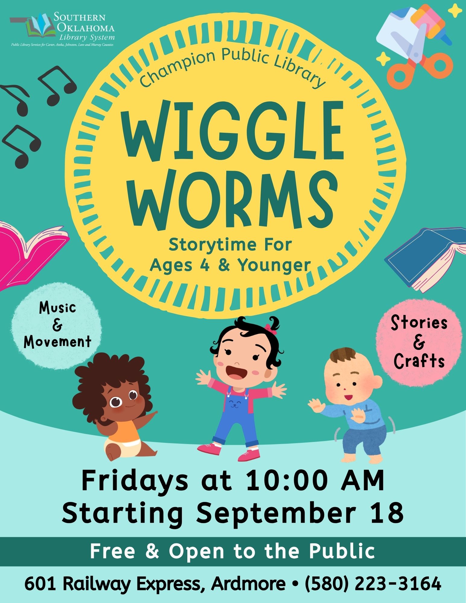 Teal-colored flyer for Wiggle Worms Storytime at Champion Public Library, for ages 4 and younger, Fridays at 10:00 AM starting September 18, with illustrations of toddlers and text bubbles reading "Music & Movement" and "Stories & Crafts."