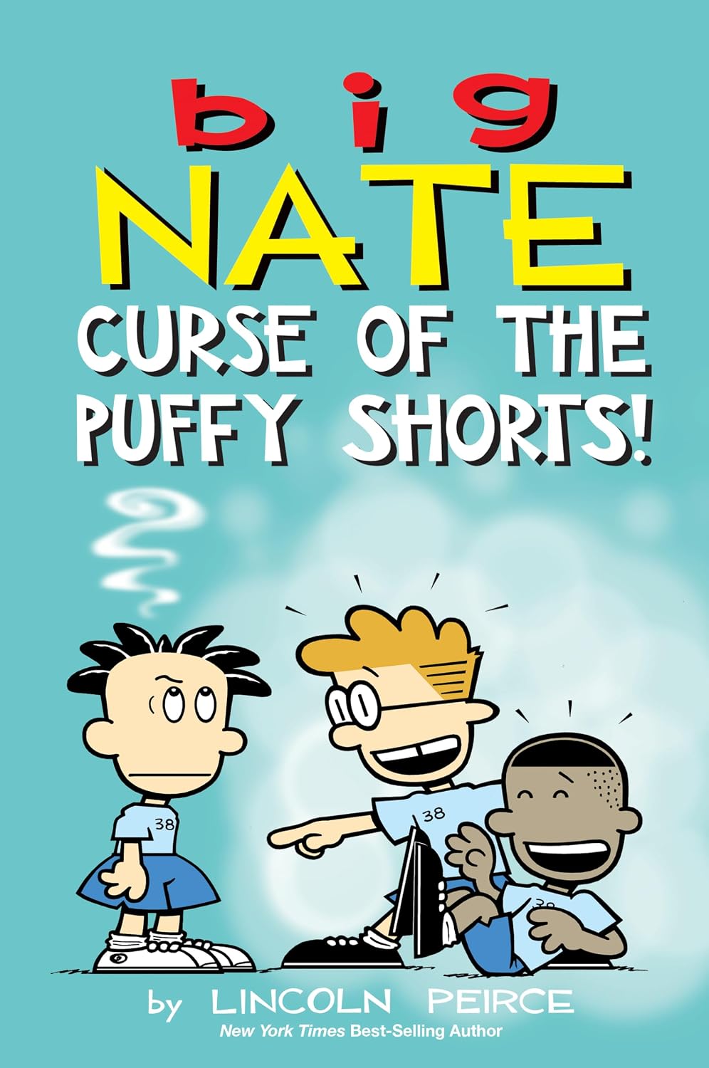 Book cover for "Big Nate: Curse of the Puffy Shorts!" by Lincoln Peirce, showing cartoon illustrations of three boys, one pointing and laughing while another looks embarrassed with a smoking iron nearby.