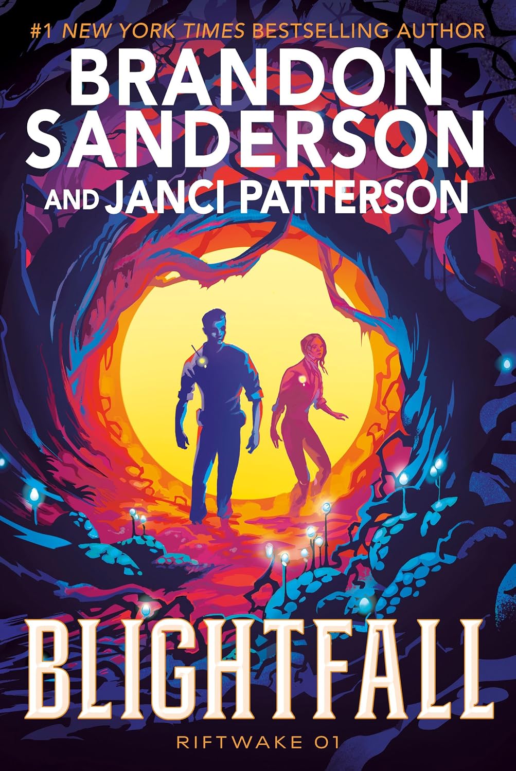 Book cover for "Blightfall" by Brandon Sanderson and Janci Patterson, showing two silhouetted figures walking through a glowing yellow portal surrounded by twisted branches in purple and blue tones.